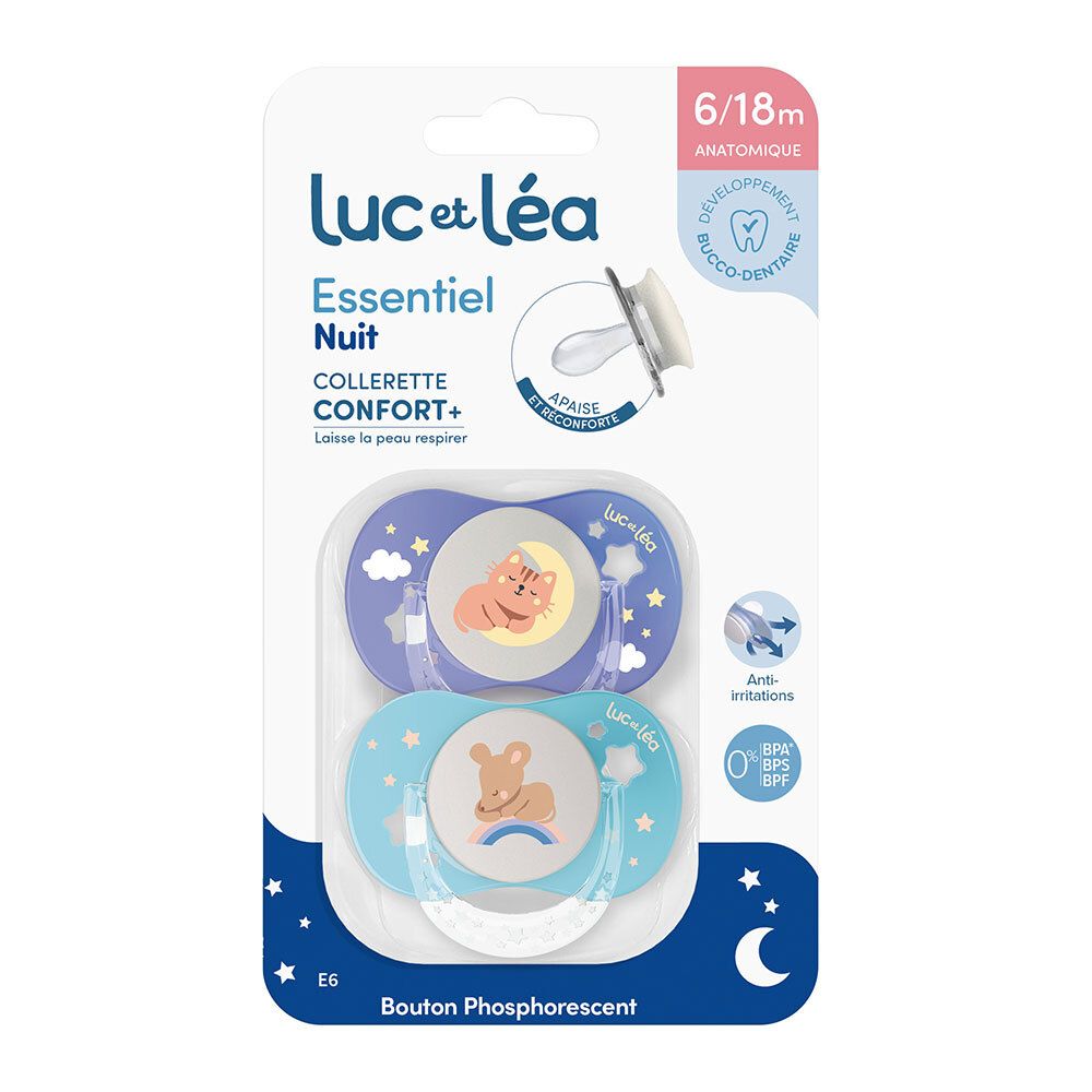 Zwei anatomische Nachtschnuller in Verpackung. Marke: Luc et Léa. Altersempfehlung: 6/18 Monate. Mit leuchtendem Knopf.