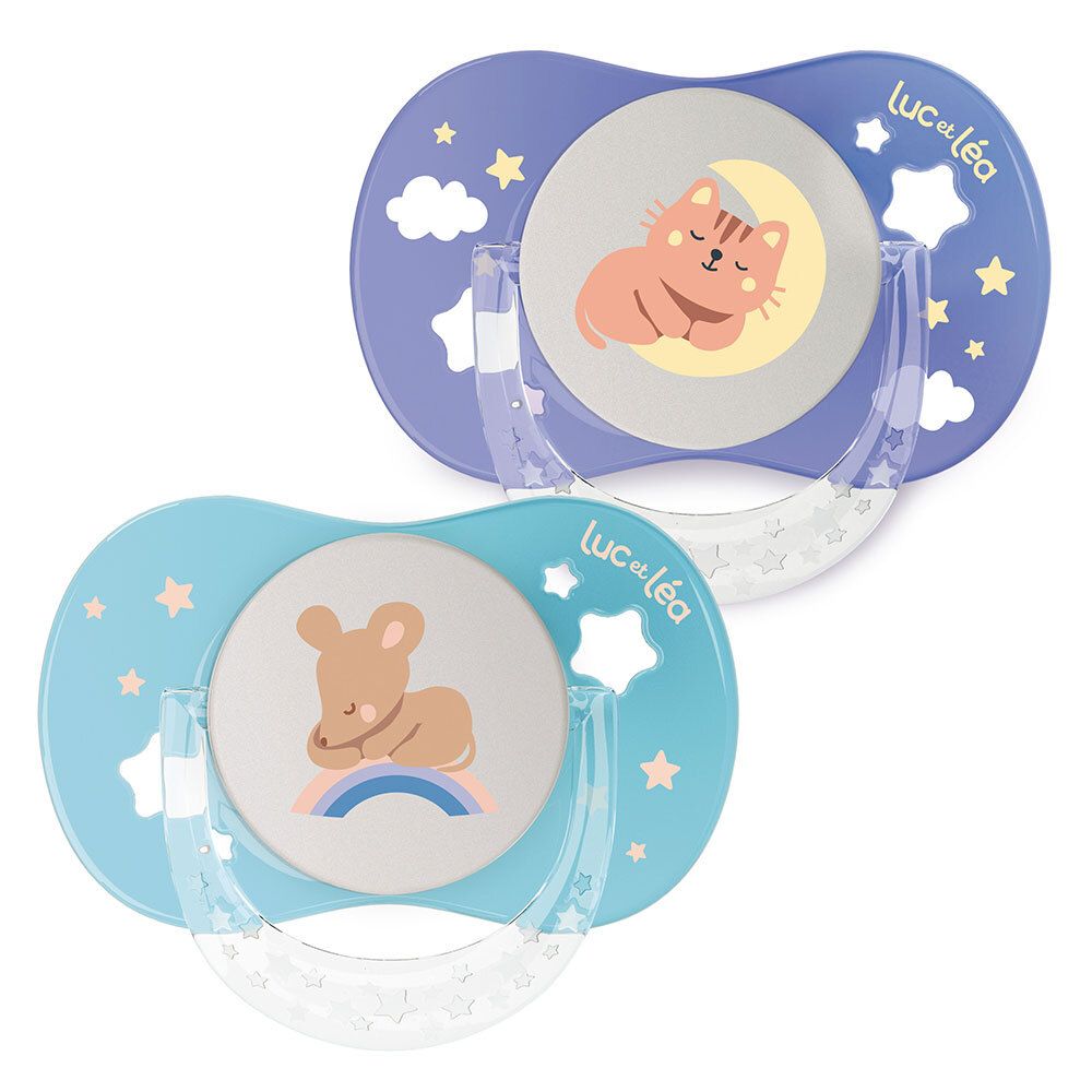Zwei anatomische Nachtschnuller. Blau und lila. Motive: Katze auf Mond, Bär auf Regenbogen. Marke: Luc et Léa.