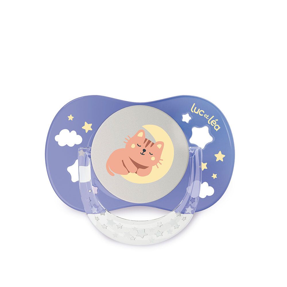 Anatomischer Nachtschnuller, lila. Motiv: Katze auf Mond. Marke: Luc et Léa. Mit leuchtendem Knopf.