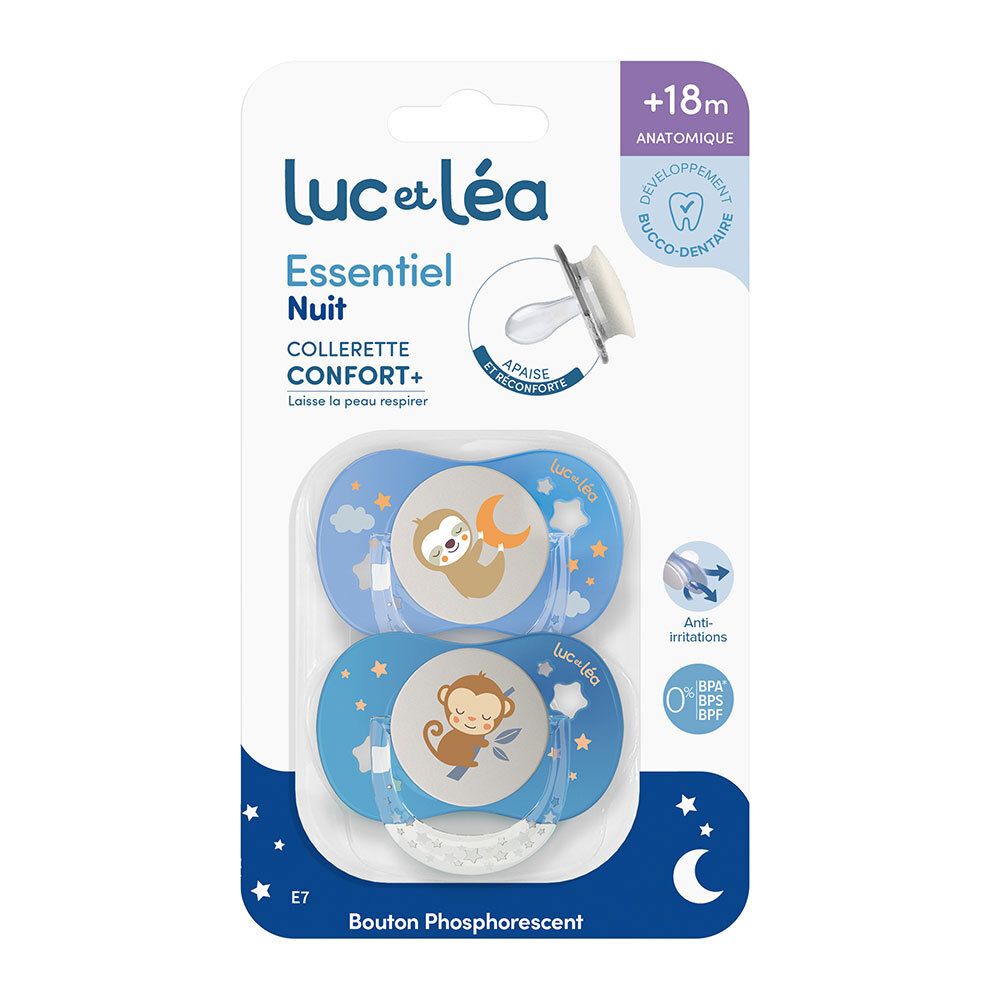 Zwei blaue Schnuller in Verpackung. Marke Luc et Léa. Anatomisch, +18m. Mit Tier-Motiven und Sternen.