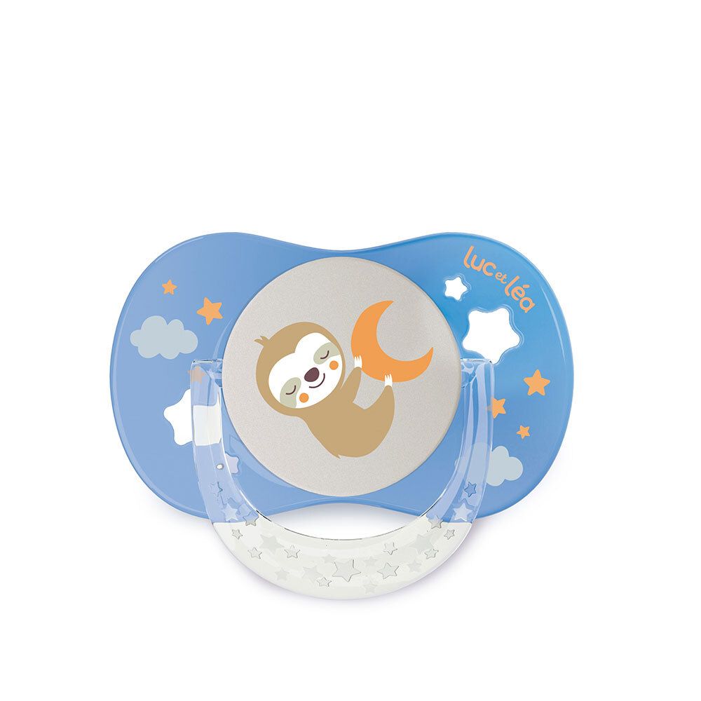 Blauer Schnuller mit Faultier-Motiv und Sternen. Marke Luc et Léa. Anatomische Form.