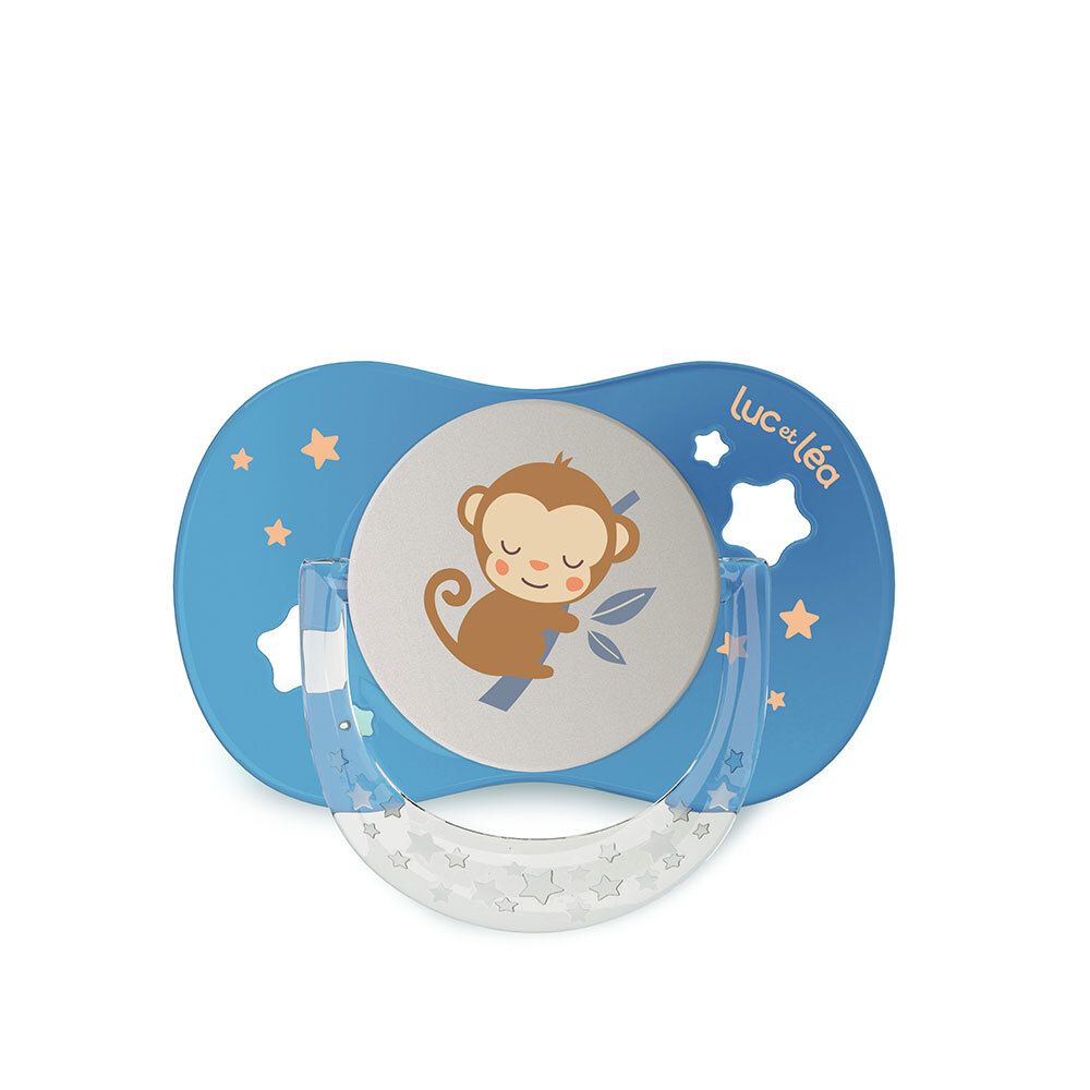 Blauer Schnuller mit Affen-Motiv und Sternen. Marke Luc et Léa. Anatomische Form.