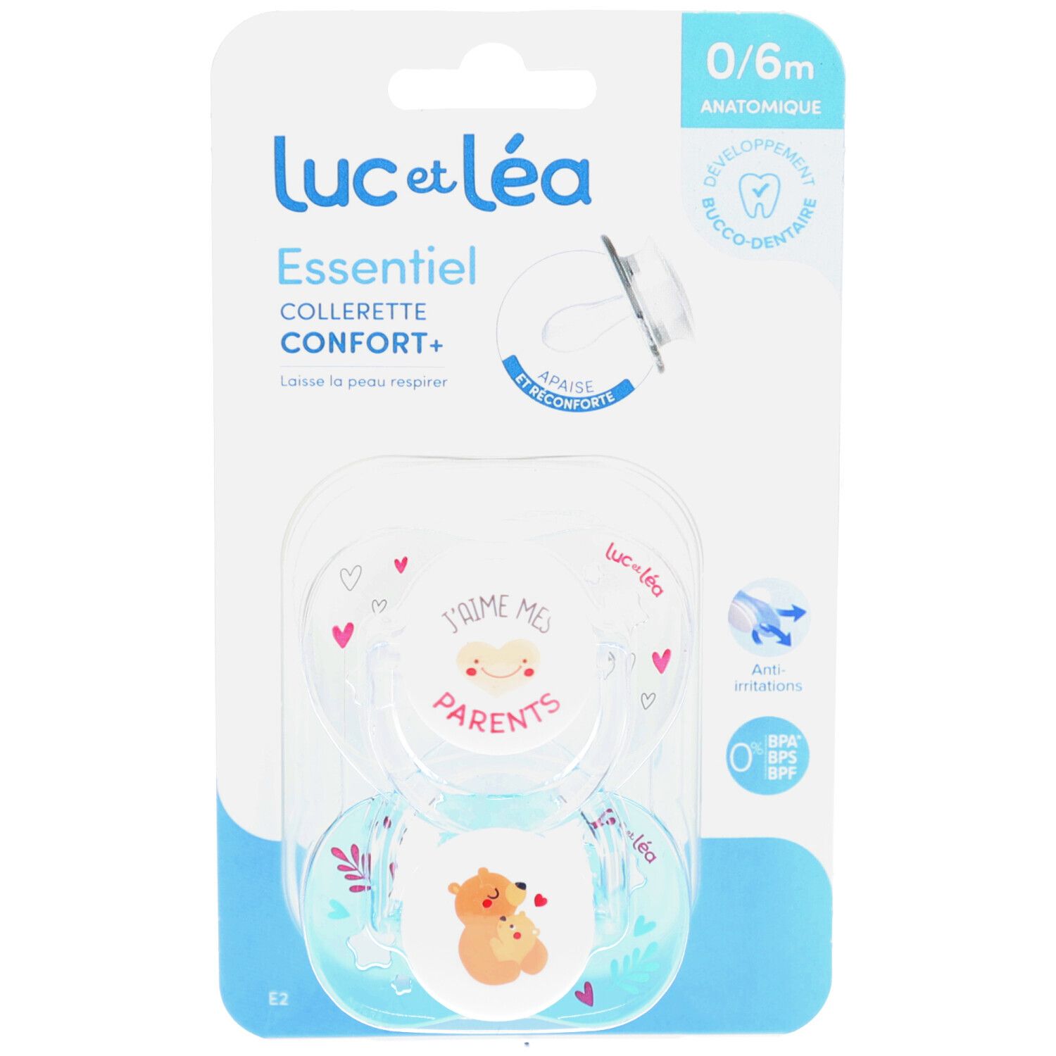 Doppelpackung Schnuller. Hellblaue Sauger mit Aufdrucken. Anatomisch geformt. Verpackung mit Produktnamen und Logo.