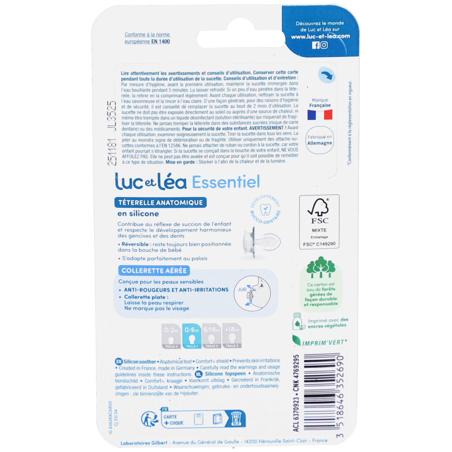 Rückseite der Verpackung. Text in mehreren Sprachen. Anatomischer Schnuller. FSC-Logo. Hergestellt in Frankreich und Deutschland.