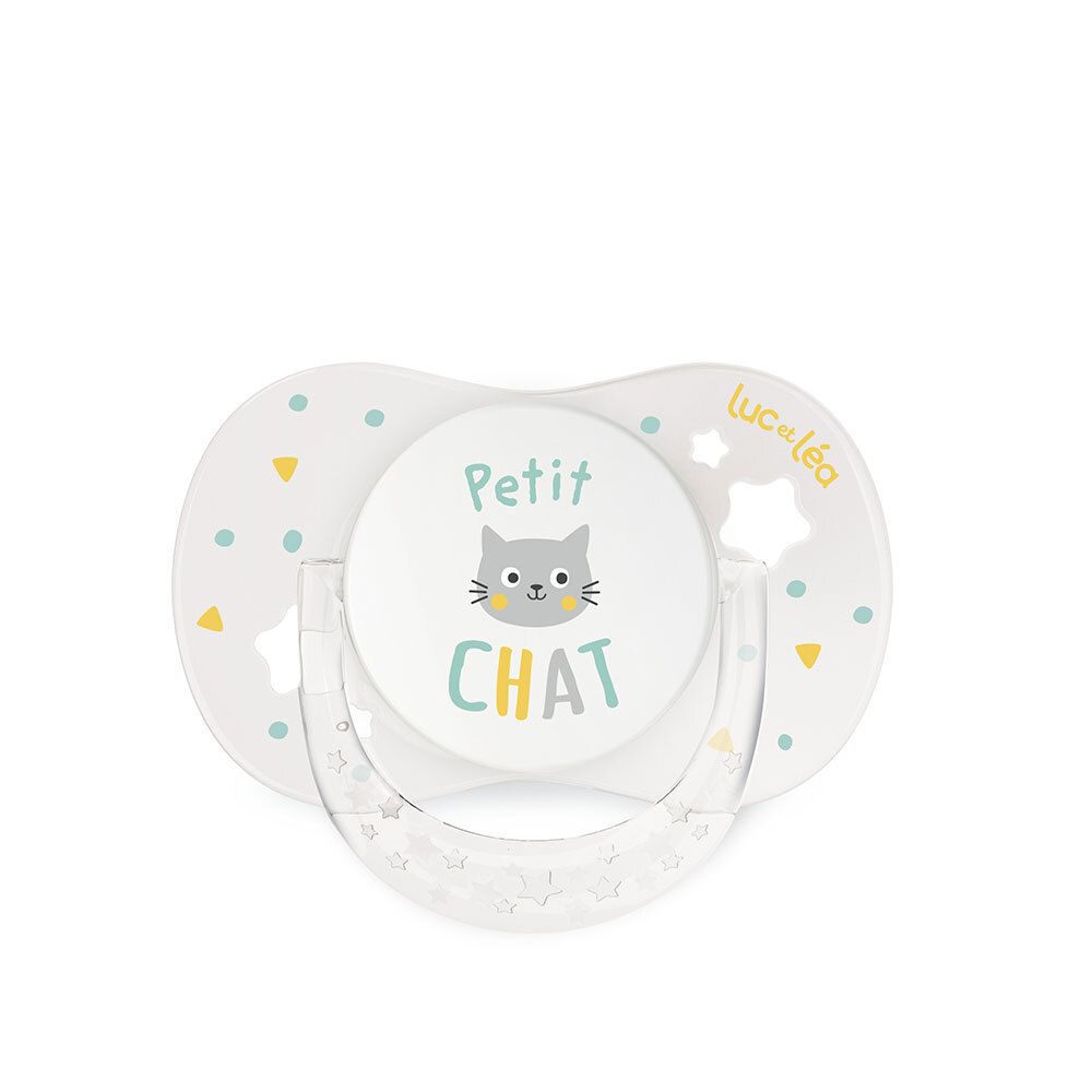 Sucette blanche avec motif chat. Marque Luc et Léa. Forme anatomique. Détails jaunes et bleus.
