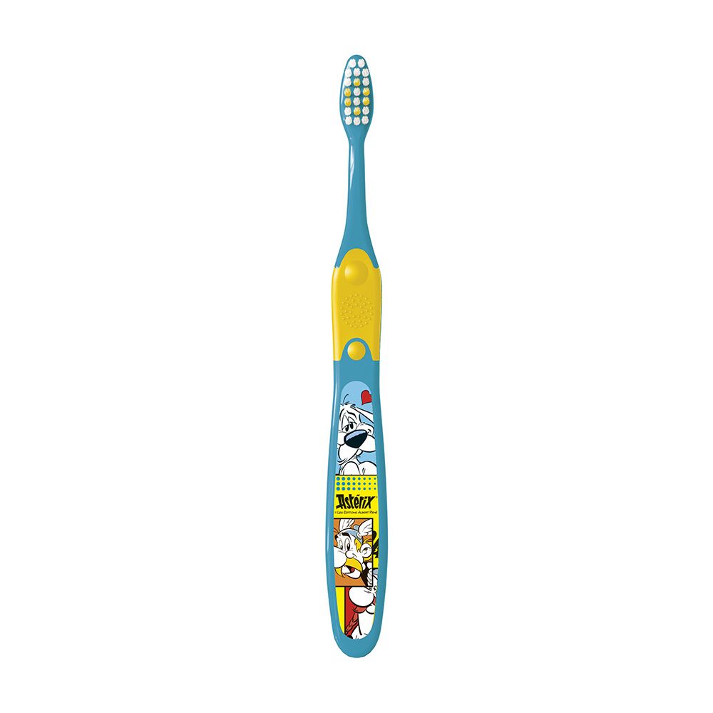 Blaue Kinderzahnbürste mit gelbem Griff und Astérix-Motiv.