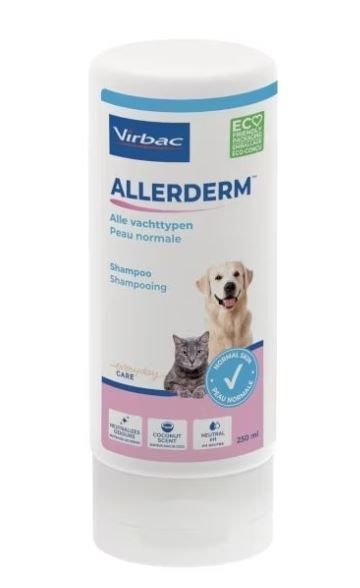 Weiße Flasche mit blauem Deckel. Aufschrift ALLERDERM, Abbildung von Hund und Katze. 250 ml.