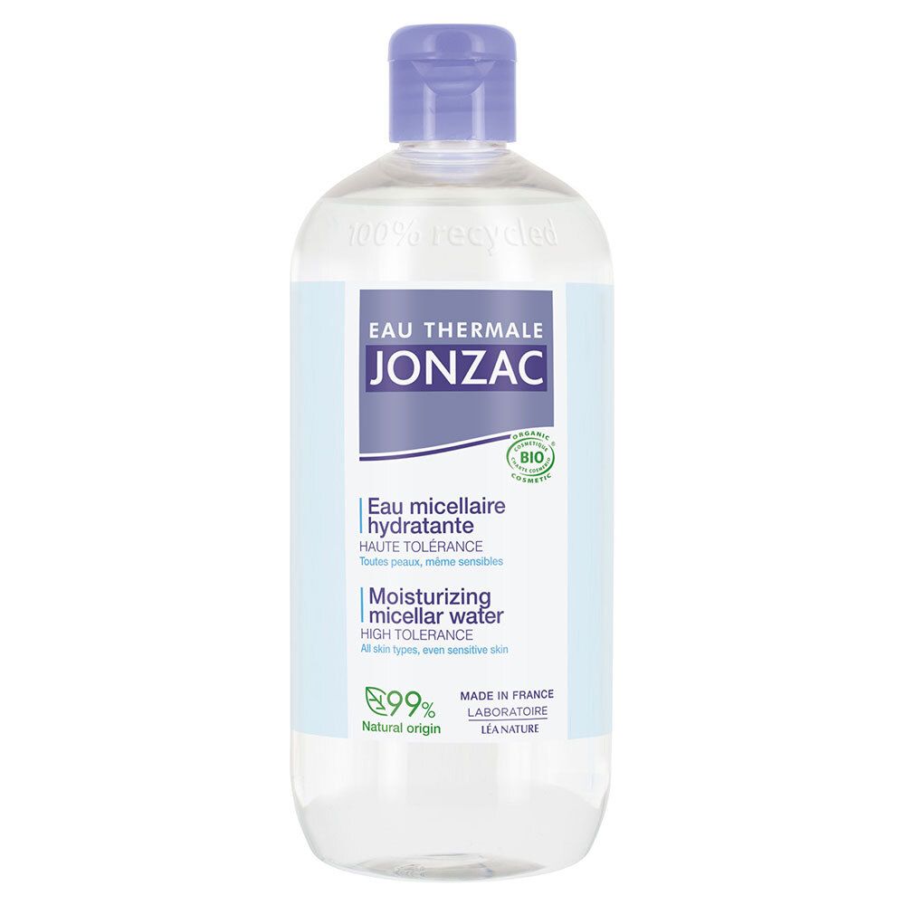 Jonzac Eau Micellaire Hydratante Bio Flasche. Hellblaue Flüssigkeit, lila Deckel. Bio-Zertifizierung.