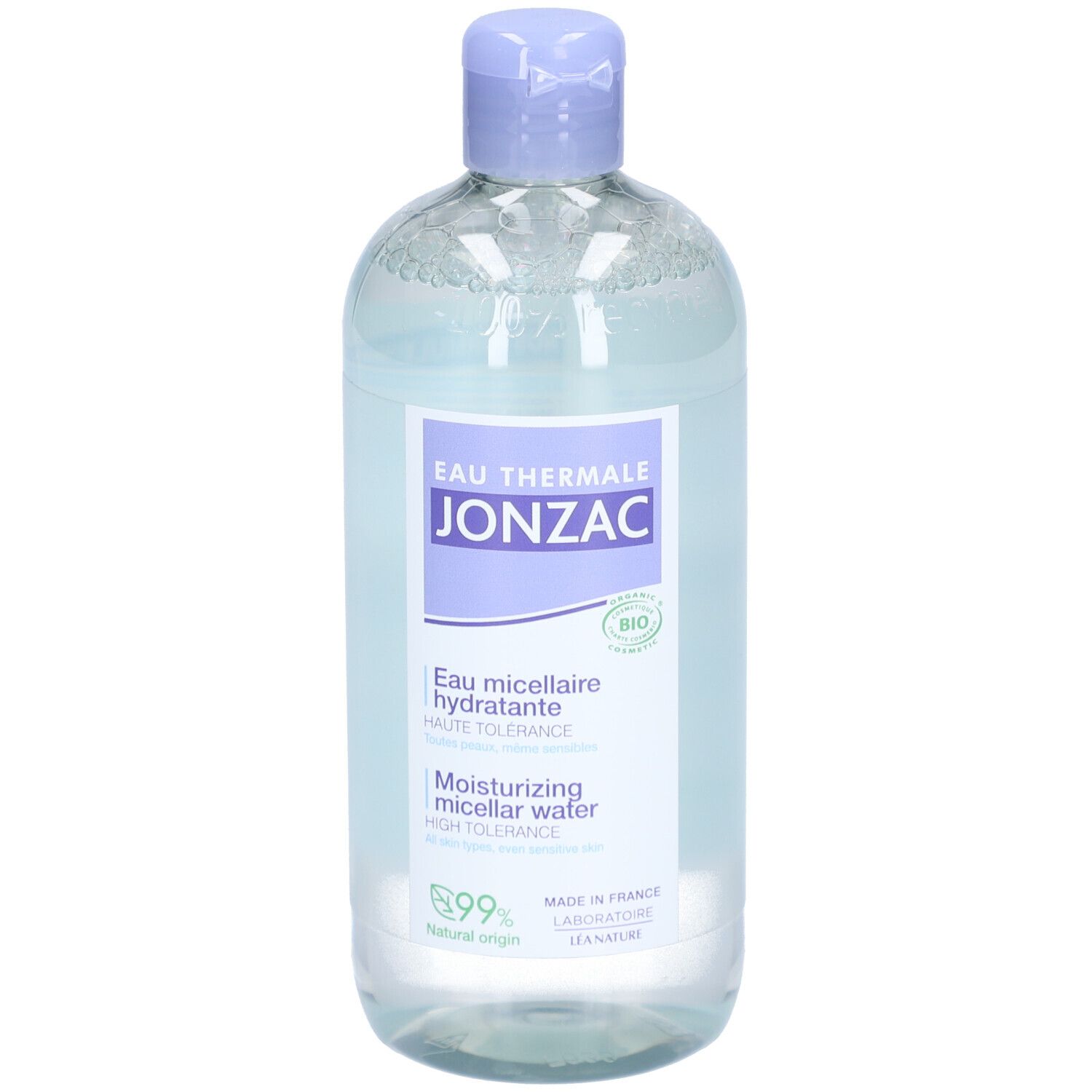 Jonzac Eau Micellaire Hydratante Bio Flasche. Hellblaue Flüssigkeit, lila Deckel. Bio-Zertifizierung.