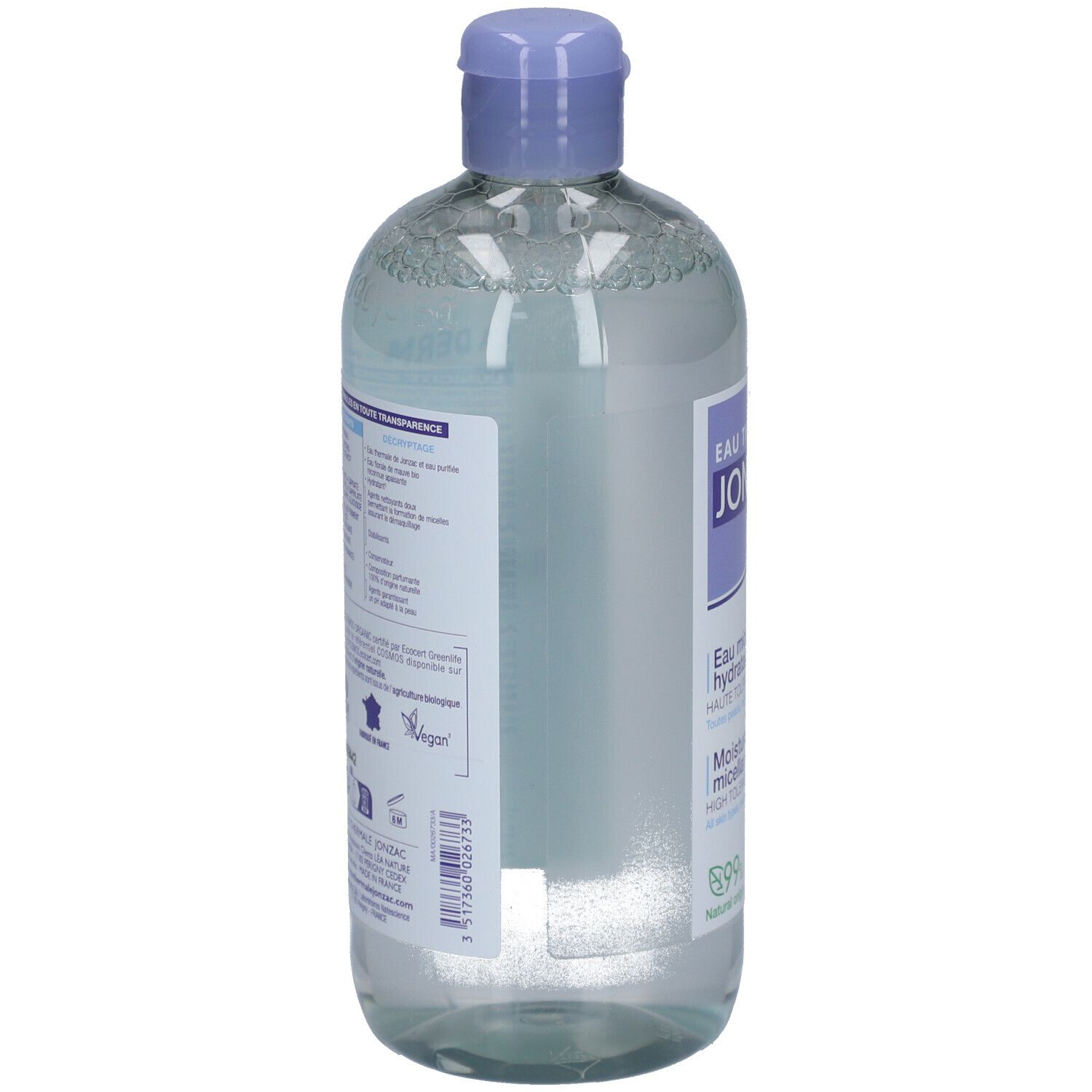 Rückseite der Jonzac Eau Micellaire Hydratante Bio Flasche. Inhaltsstoffe, Zertifizierungen, Herkunft.