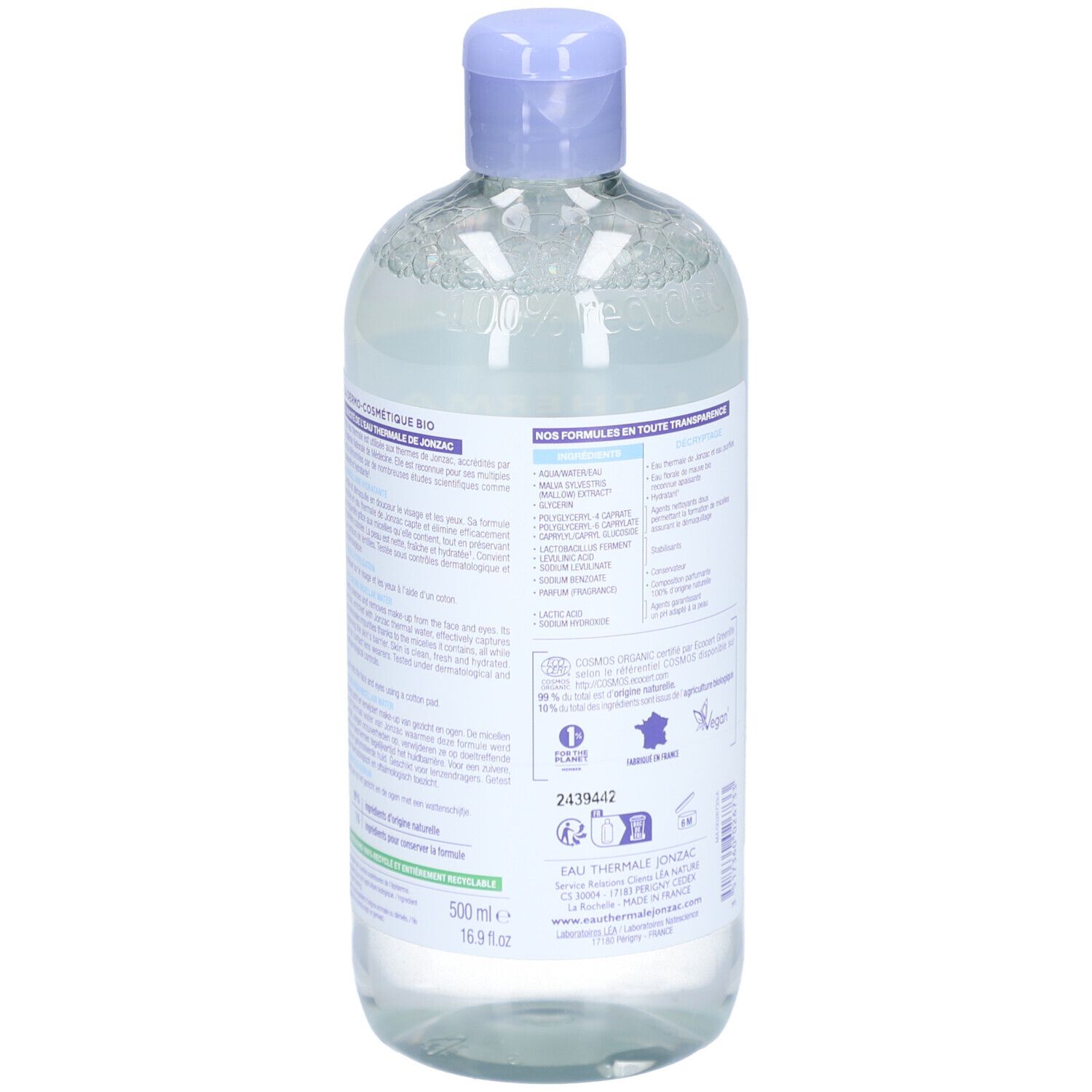 Rückseite der Jonzac Eau Micellaire Hydratante Bio Flasche. Anwendungshinweise, Inhaltsstoffe, Zertifizierungen.