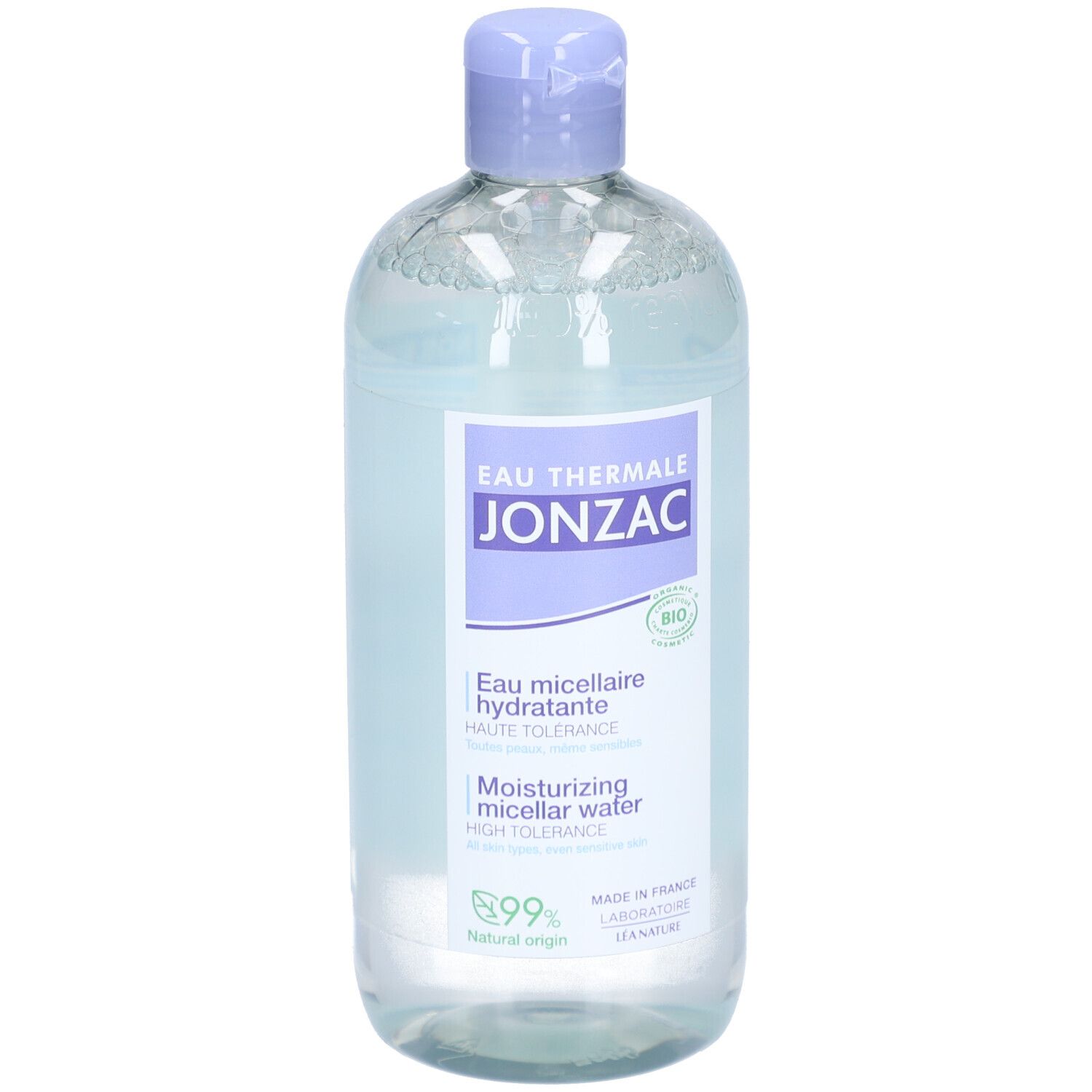 Jonzac Eau Micellaire Hydratante Bio Flasche. Hellblaue Flüssigkeit, lila Deckel. Bio-Zertifizierung.