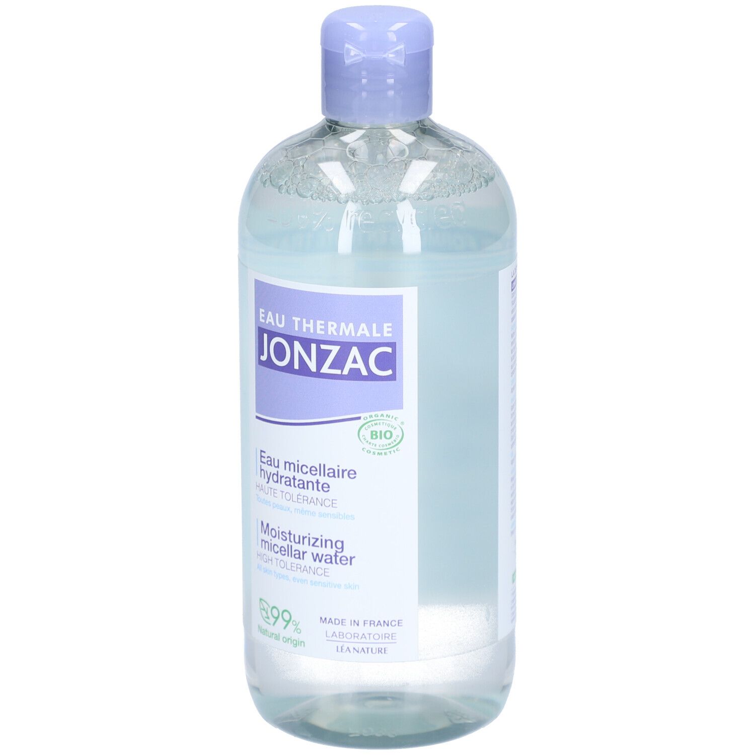 Jonzac Eau Micellaire Hydratante Bio Flasche. Hellblaue Flüssigkeit, lila Deckel. Bio-Zertifizierung.