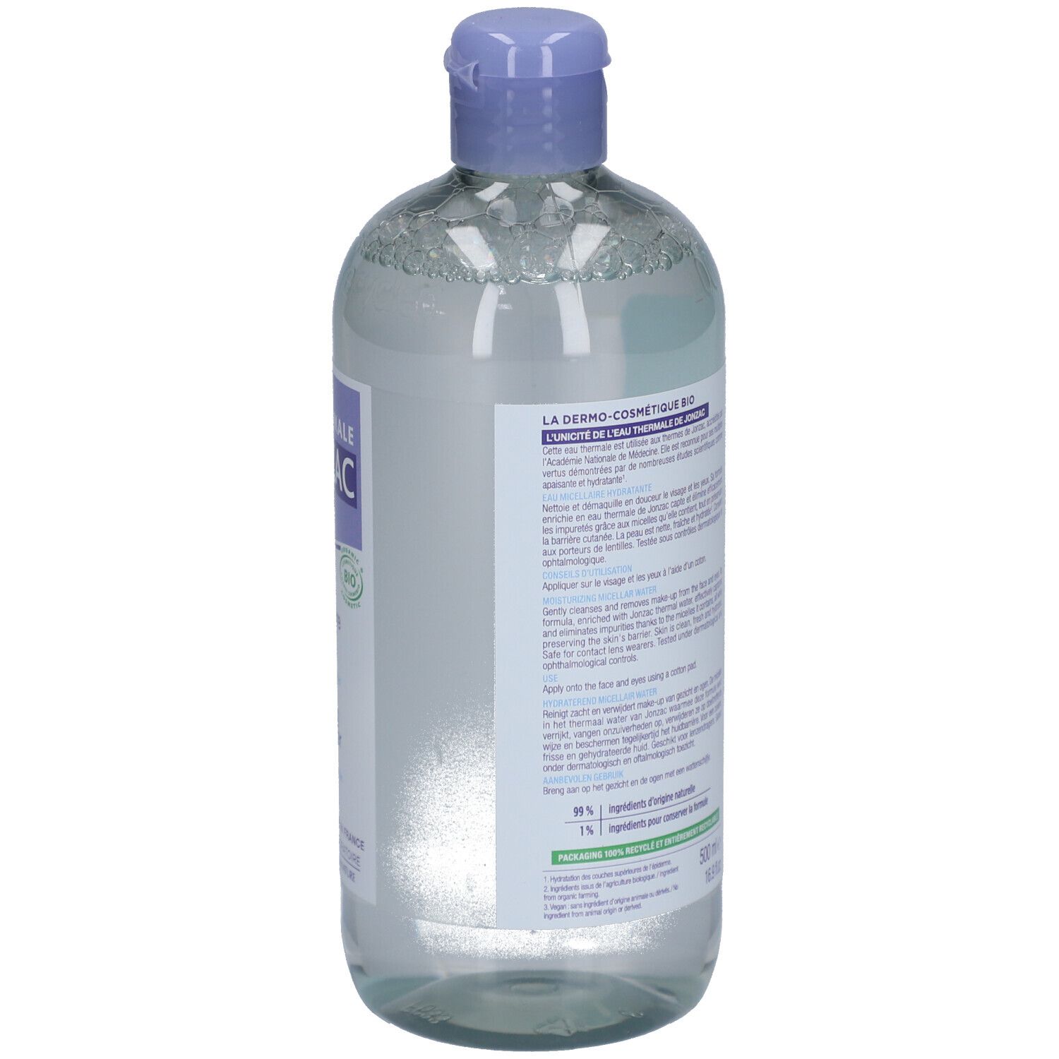 Rückseite der Jonzac Eau Micellaire Hydratante Bio Flasche. Anwendungshinweise, Inhaltsstoffe, Zertifizierungen.