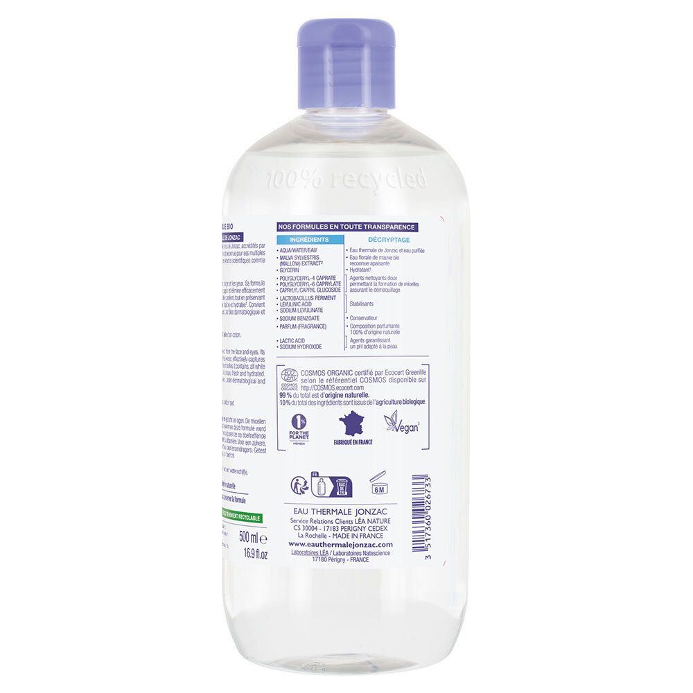 Rückseite der Jonzac Eau Micellaire Hydratante Bio Flasche. Inhaltsstoffe, Zertifizierungen, Herkunft.