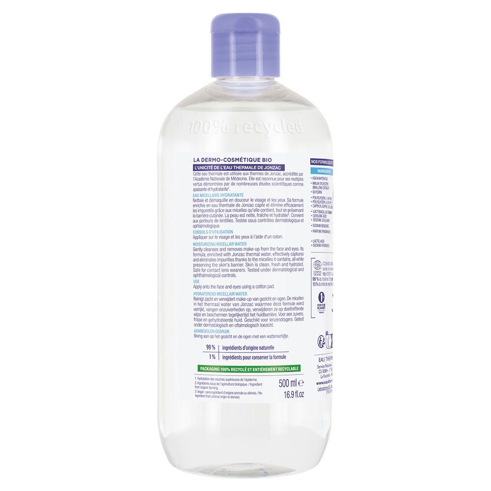 Rückseite der Jonzac Eau Micellaire Hydratante Bio Flasche. Anwendungshinweise, Inhaltsstoffe, Zertifizierungen.