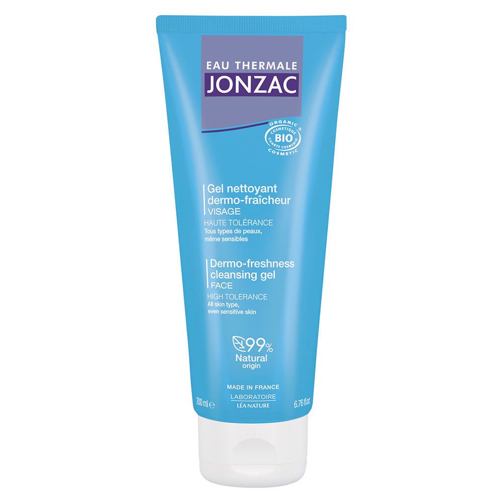 Tube bleu et blanche avec informations produit. En haut à gauche: marque Jonzac. Texte: Gel nettoyant dermo-fraîcheur visage bio. Certification bio.