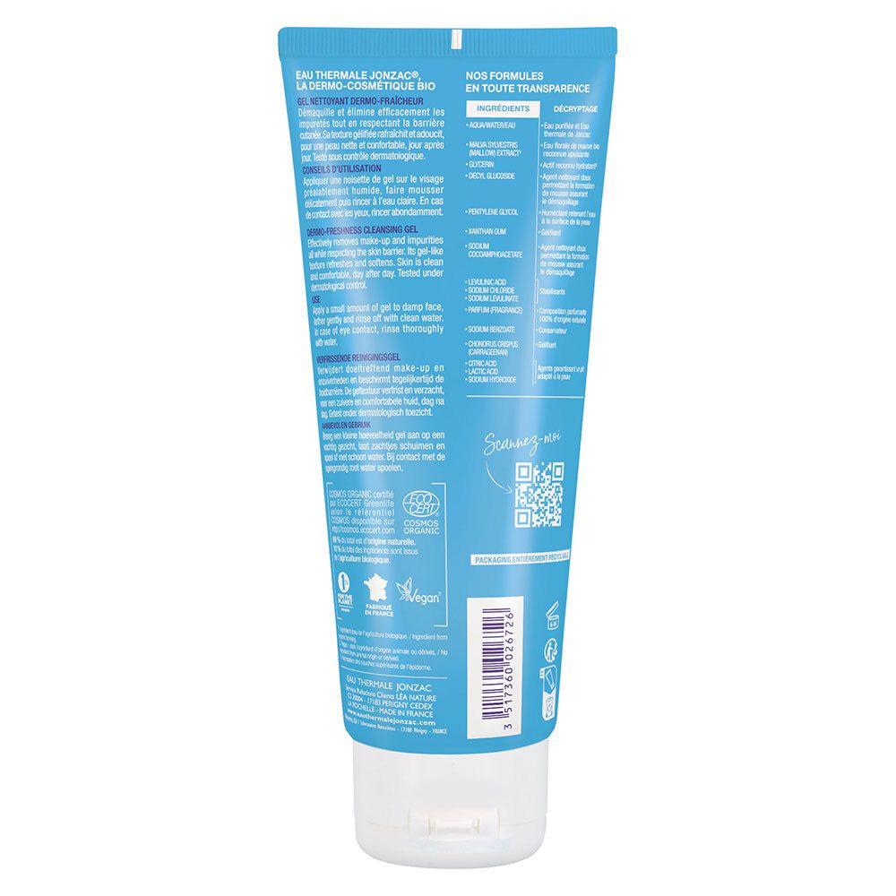 Dos d'un tube bleu. Texte: informations produit, ingrédients, mode d'emploi. Certification bio, code QR, code-barres.