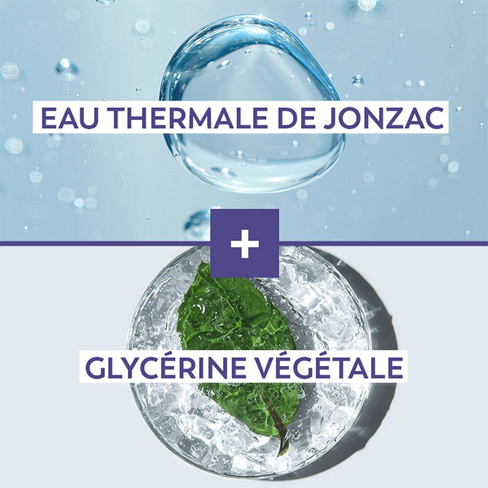 Grafische Darstellung: Wassertropfen, Blatt in Eis, Text: Eau Thermale de Jonzac + Glycérine végétale.