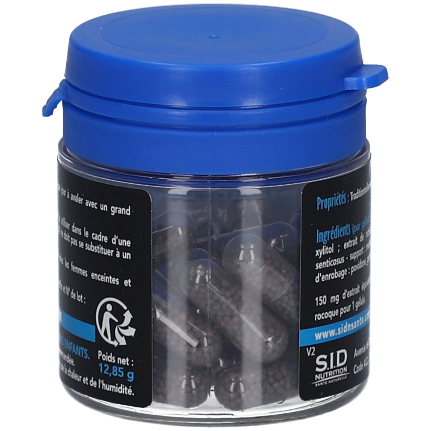 Pot transparent avec bouchon bleu. Contient des gélules. Inscription: SID Nutrition, Eleutherocoque.