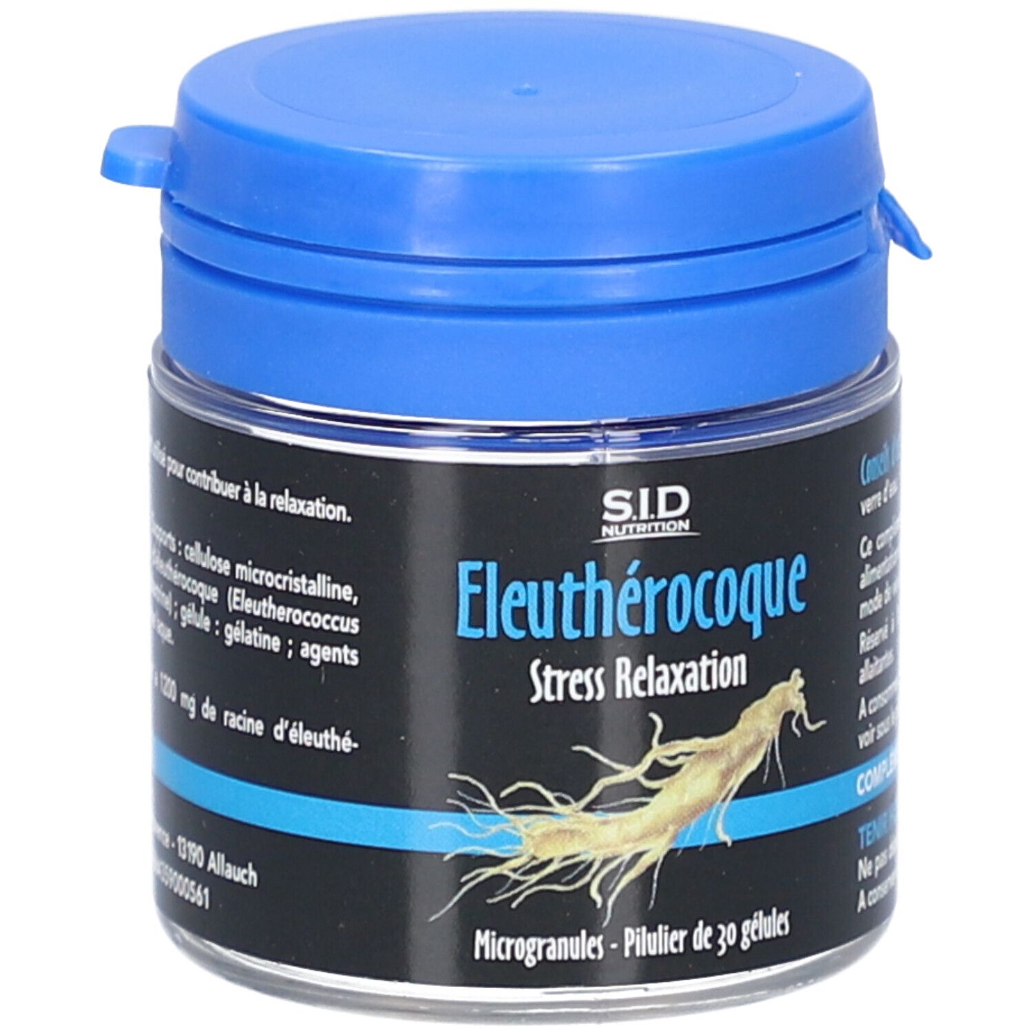 Pot bleu. Inscription: SID Nutrition, Eleutherocoque, Stress Relaxation. 30 gélules.
