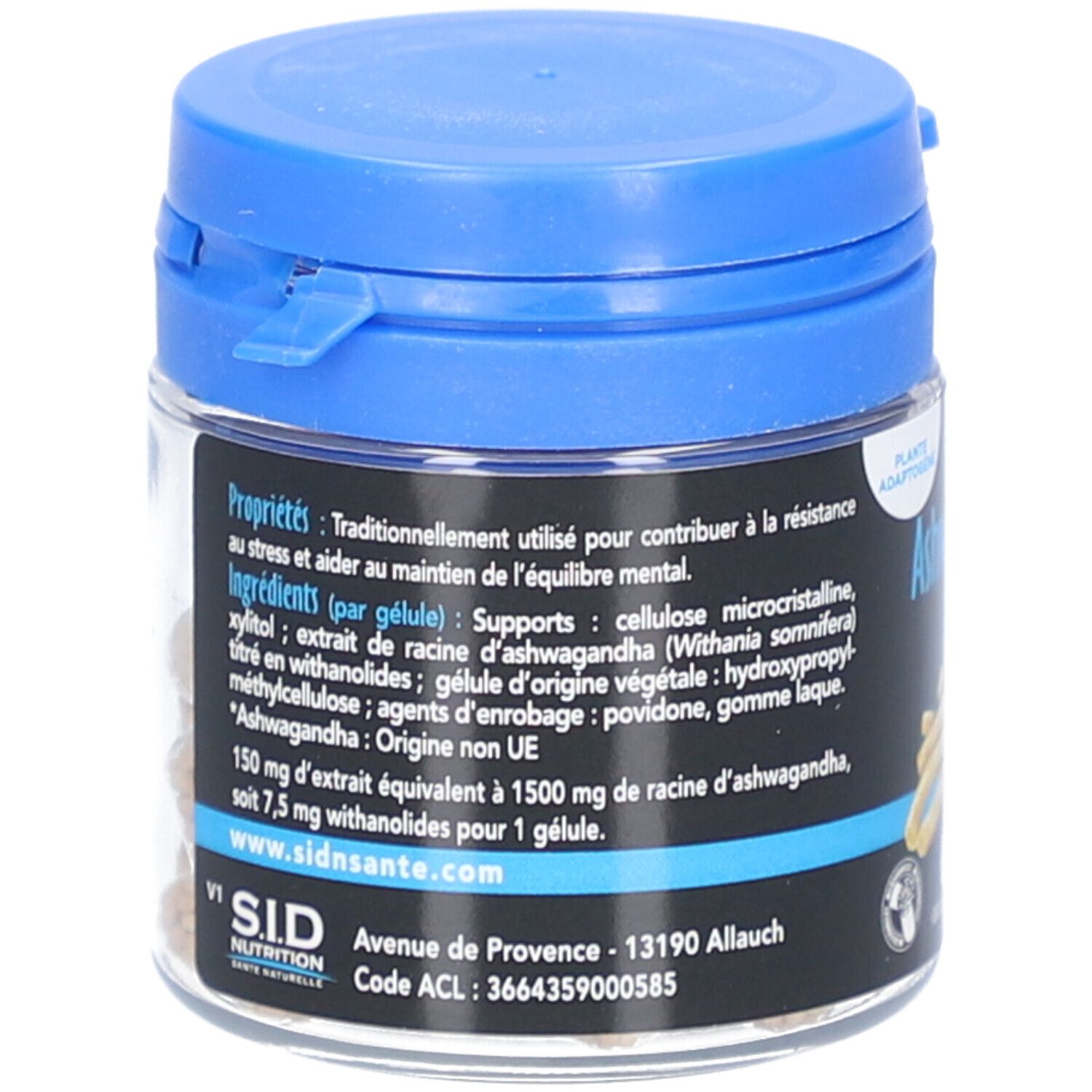 Kapselbehälter mit blauem Deckel. Aufschrift: Ashwagandha Stress. Zutatenliste. SID Nutrition Logo. Französische Flagge.