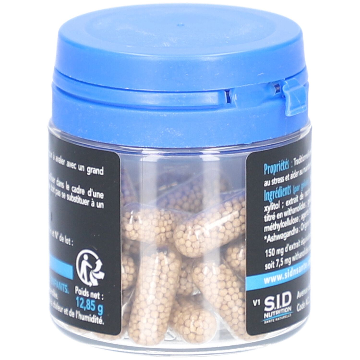 Kapseln in einem transparenten Behälter mit blauem Deckel. Aufschrift: Ashwagandha Stress. SID Nutrition Logo. Französische Flagge.