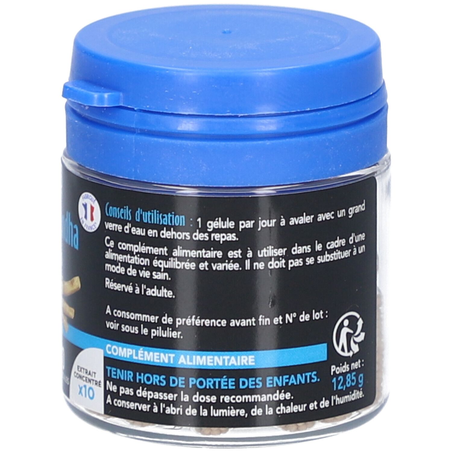 Kapselbehälter mit blauem Deckel. Aufschrift: Ashwagandha Stress. Gebrauchsanweisung. SID Nutrition Logo. Französische Flagge.