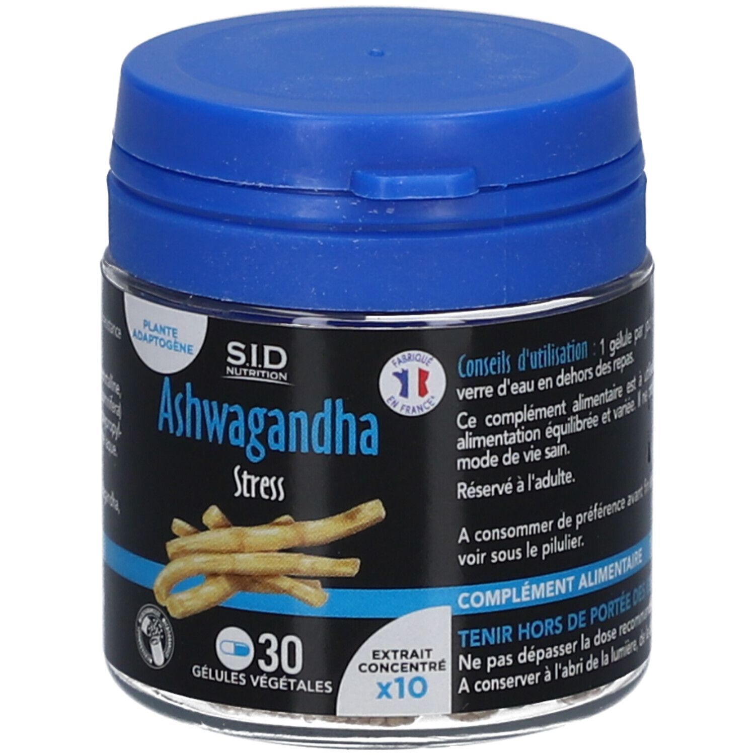 Kapselbehälter mit blauem Deckel. Aufschrift: Ashwagandha Stress, 30 Kapseln. SID Nutrition Logo. Französische Flagge.