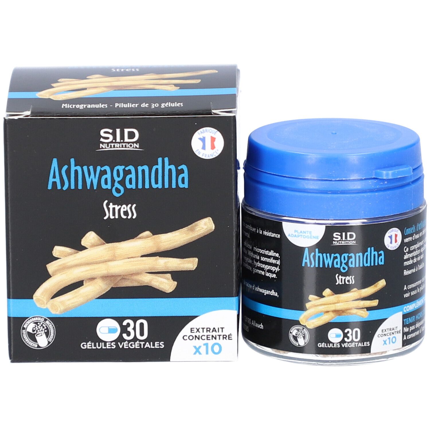 Produktverpackung mit Dose und Schachtel. Aufschrift: Ashwagandha Stress, 30 Kapseln. SID Nutrition Logo. Französische Flagge.