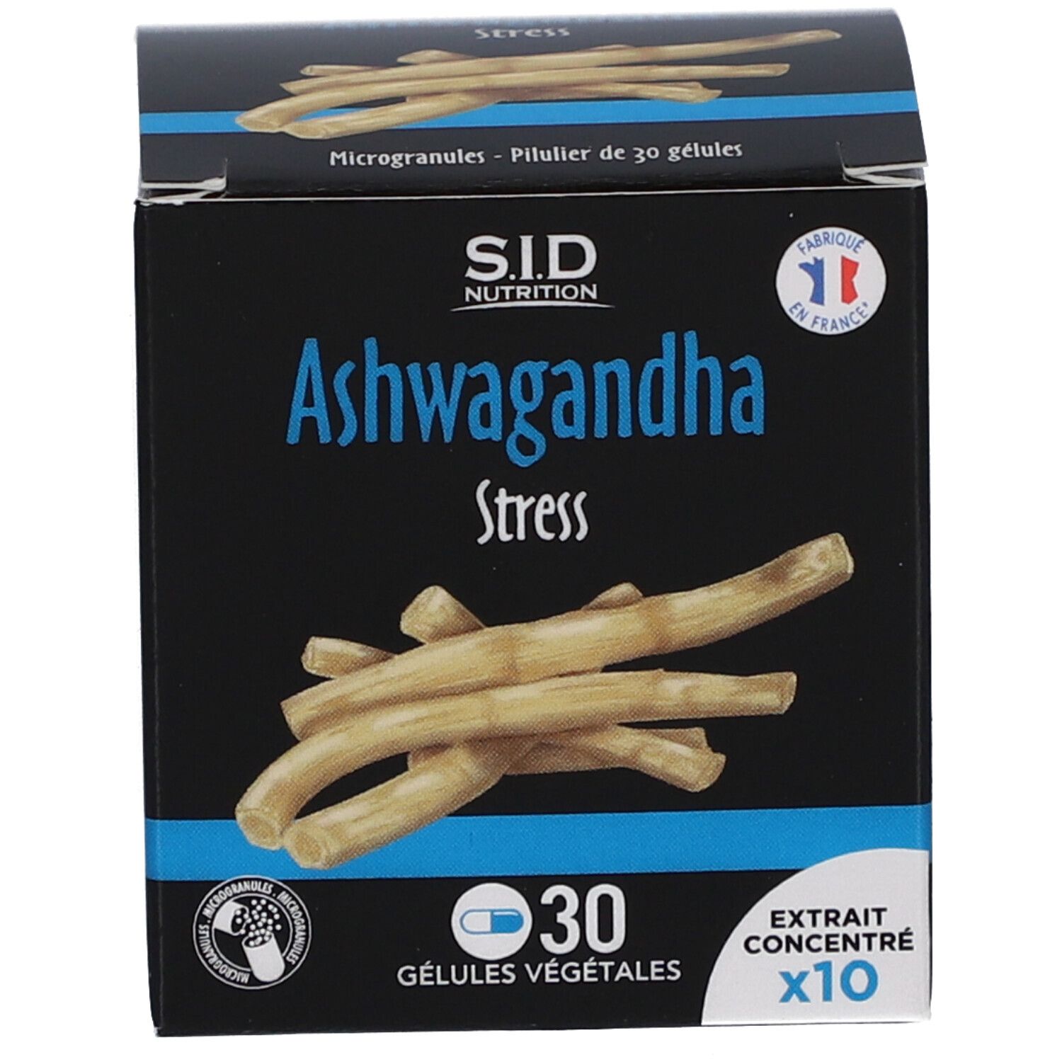 Schachtel mit Aufschrift: Ashwagandha Stress, 30 Kapseln. SID Nutrition Logo. Französische Flagge. Mikrokapseln.