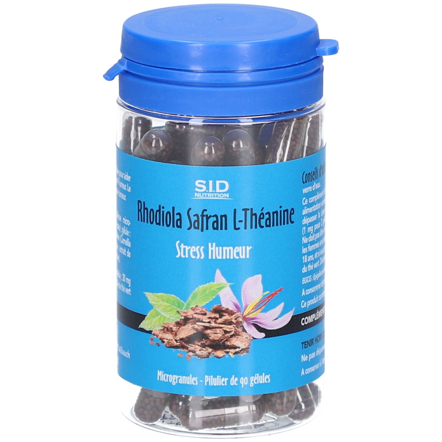 Kapseln in einer transparenten Dose mit blauem Deckel. Aufschrift: Rhodiola Safran L-Théanine, Stress Humour. Abbildung von Pflanzen.