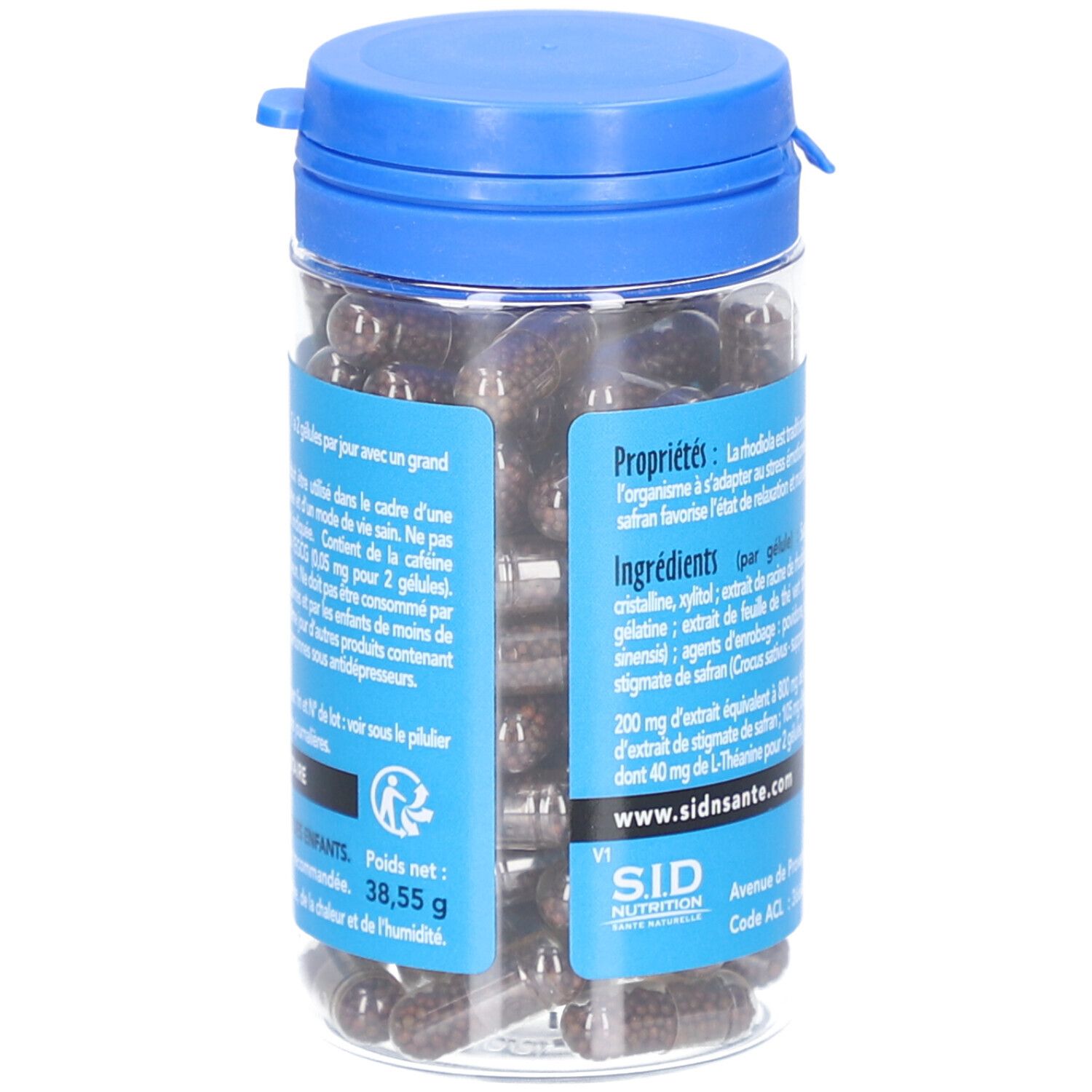 Transparente Dose mit blauer Kappe, gefüllt mit Kapseln. Aufschrift: Rhodiola Safran L-Théanine. Blaue Etikett mit Inhaltsstoffen und Logo.