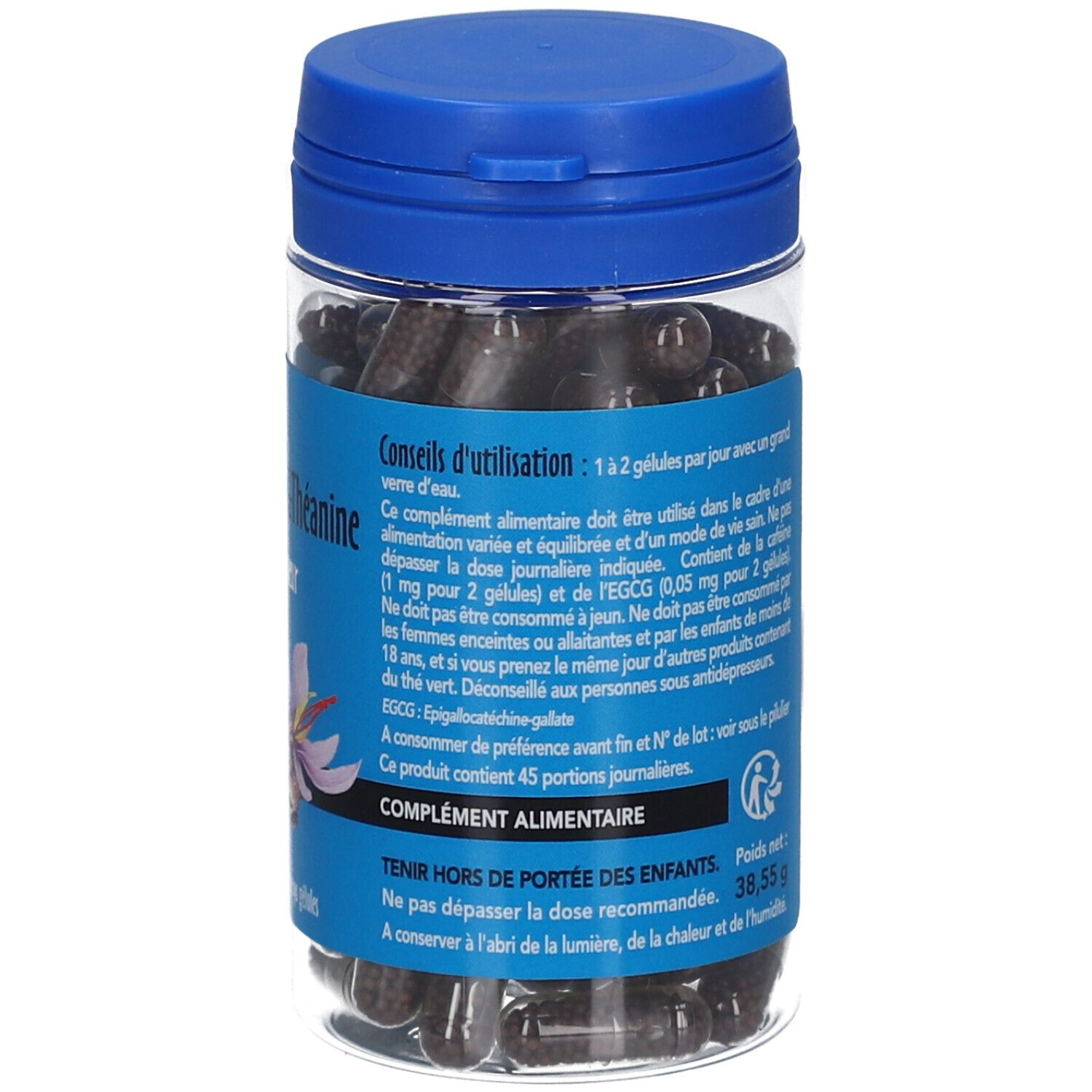 Transparente Dose mit blauer Kappe, gefüllt mit Kapseln. Aufschrift: Rhodiola Safran L-Théanine. Blaue Etikett mit Anwendungshinweisen.