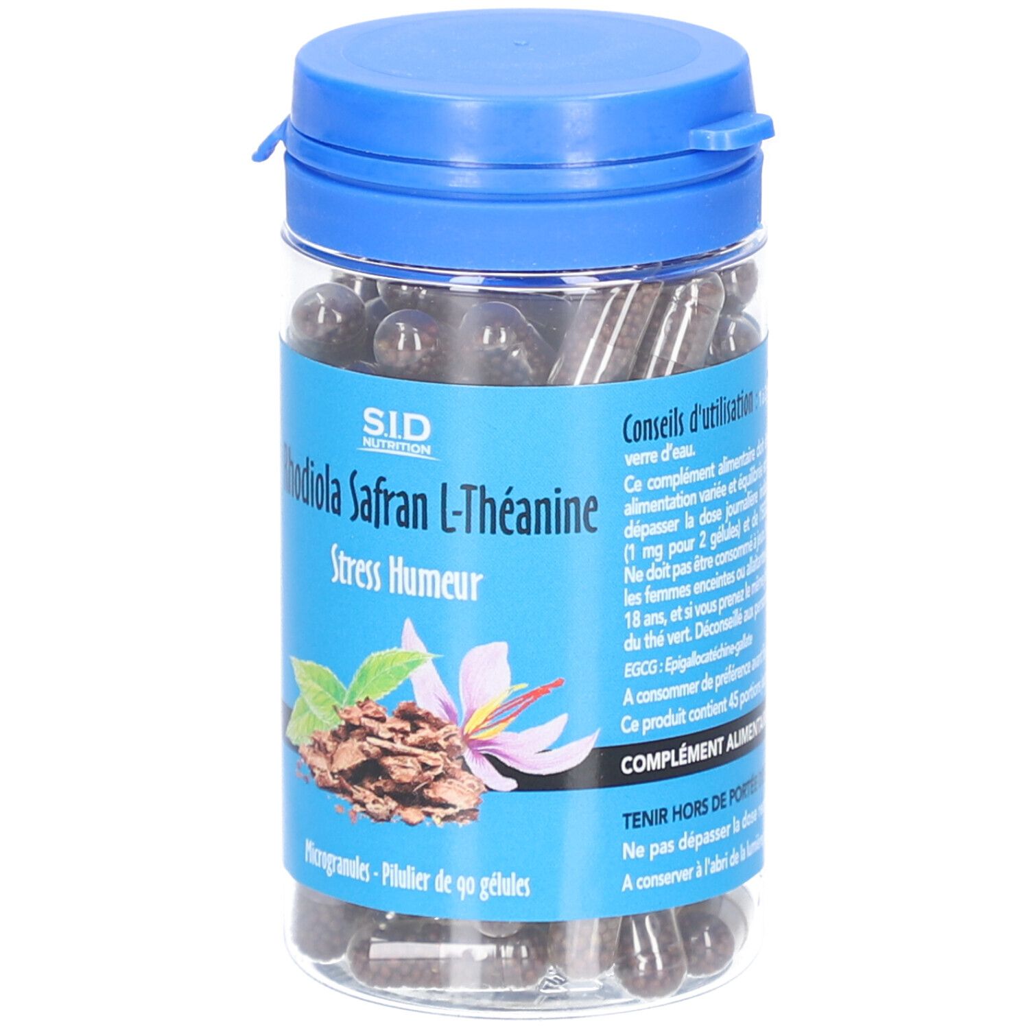 Transparente Dose mit blauer Kappe, gefüllt mit Kapseln. Aufschrift: Rhodiola Safran L-Théanine, Stress Humour. Abbildung von Pflanzen.