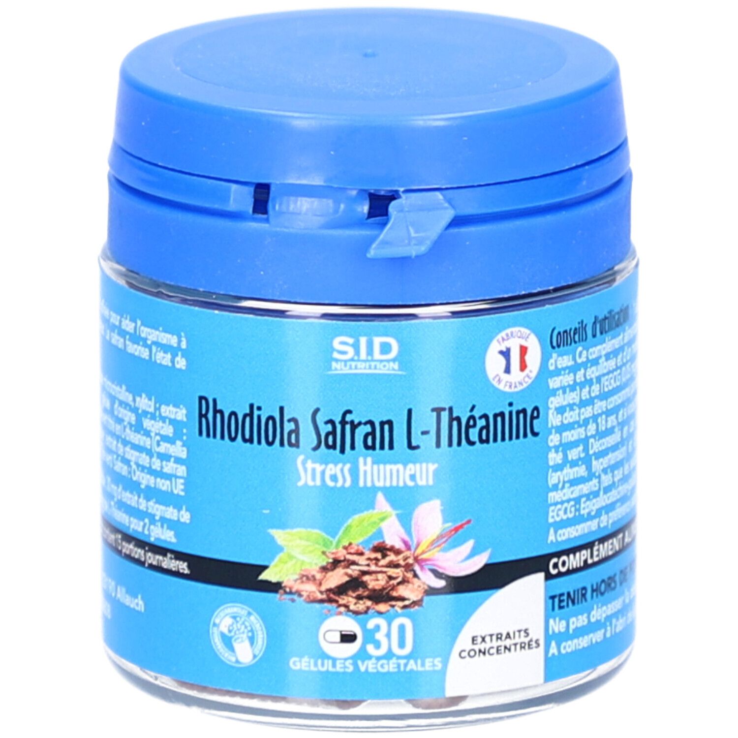 Blaue Dose mit SID Nutrition Rhodiola Safran L-Theanin. 30 Kapseln. Französische Flagge.