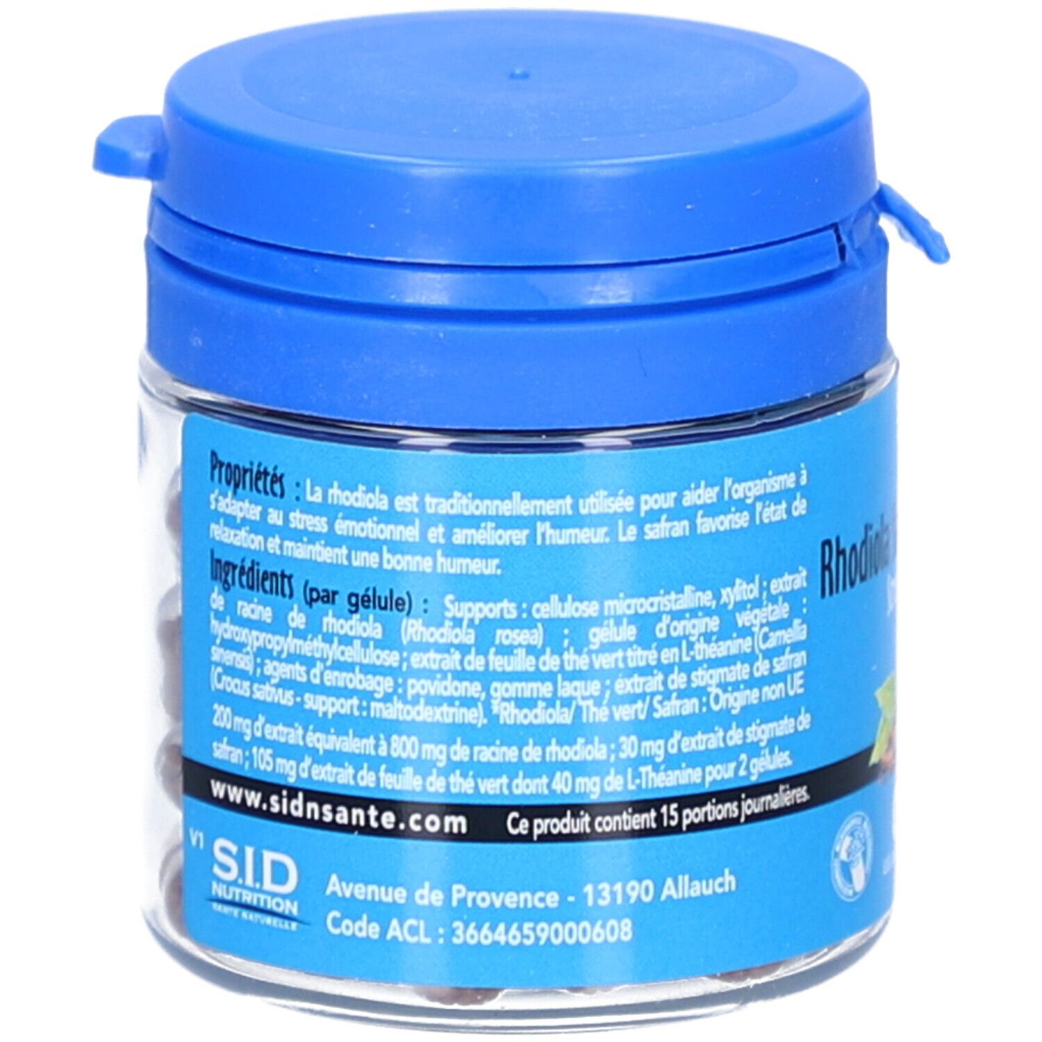 Durchsichtige Dose mit Kapseln. Blaue Kappe. Text: SID Nutrition, Rhodiola Safran L-Theanin. Inhaltsstoffe.