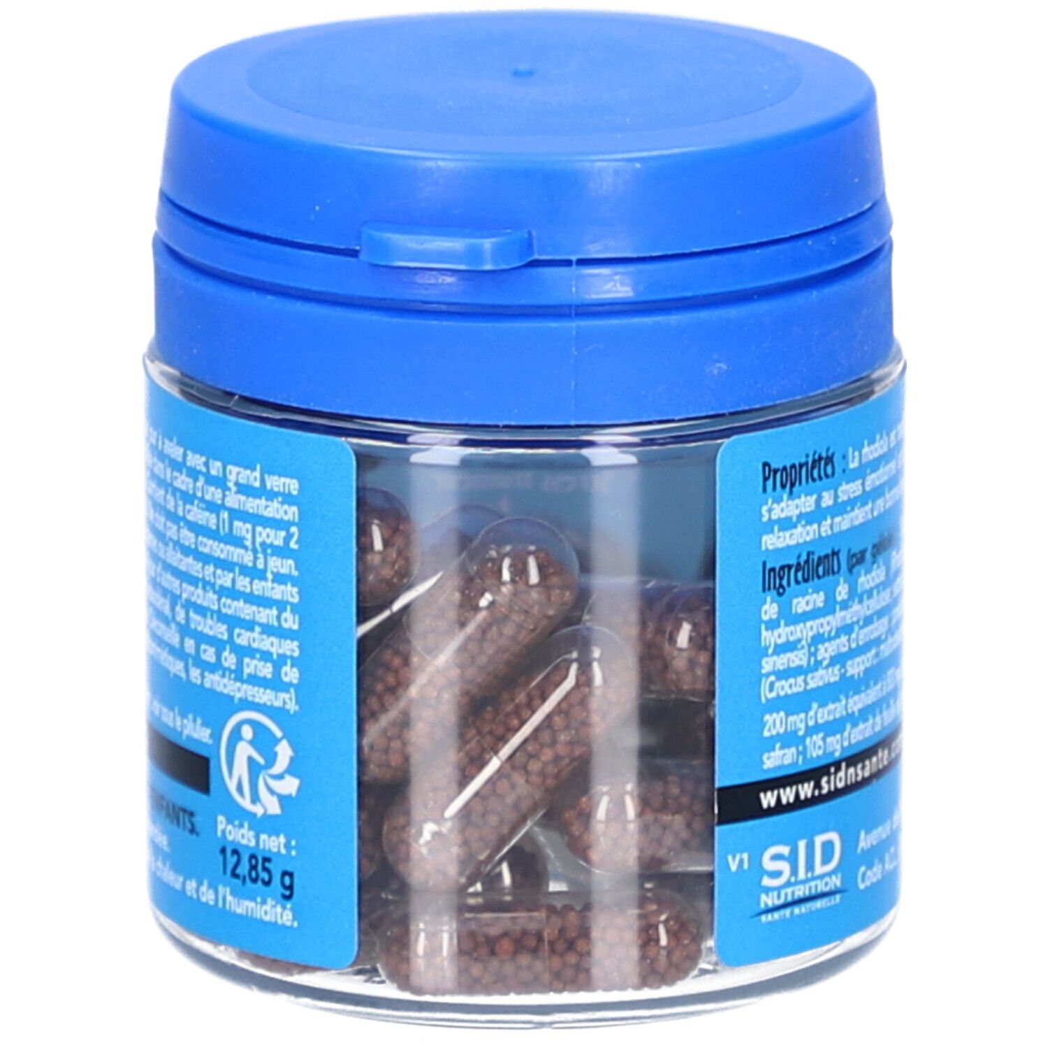 Durchsichtige Dose mit Kapseln. Blaue Kappe. Text: SID Nutrition, Rhodiola Safran L-Theanin. 12,85 g.