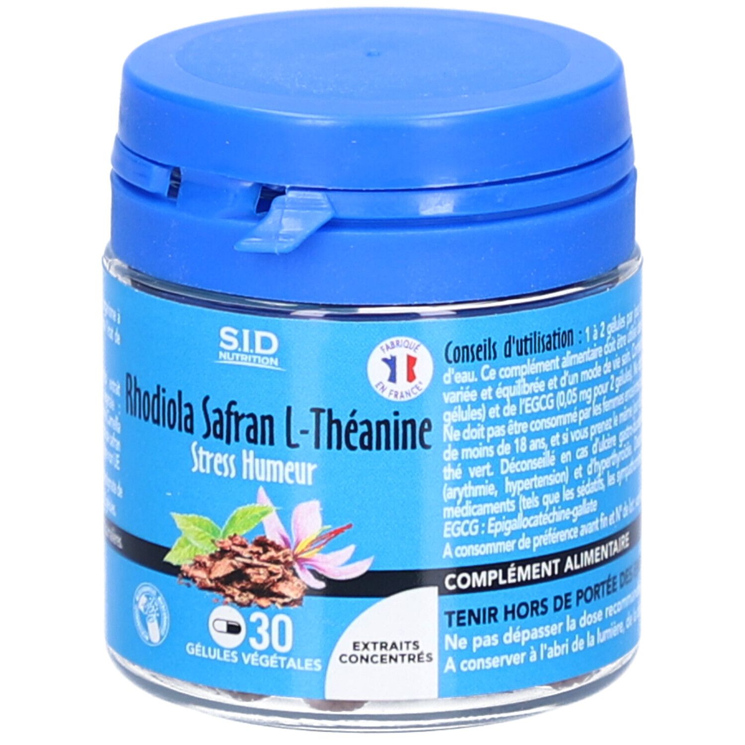 Blaue Dose mit SID Nutrition Rhodiola Safran L-Theanin. 30 Kapseln. Französische Flagge. Text: Extrait Concentrés.