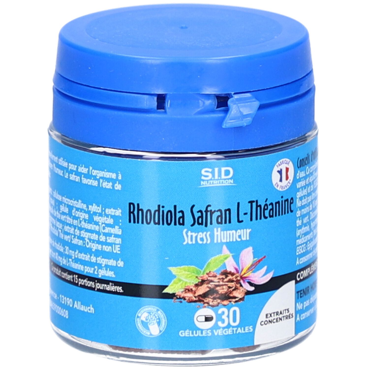 Blaue Dose mit SID Nutrition Rhodiola Safran L-Theanin. 30 Kapseln. Französische Flagge. Text: Extrait Concentrés.