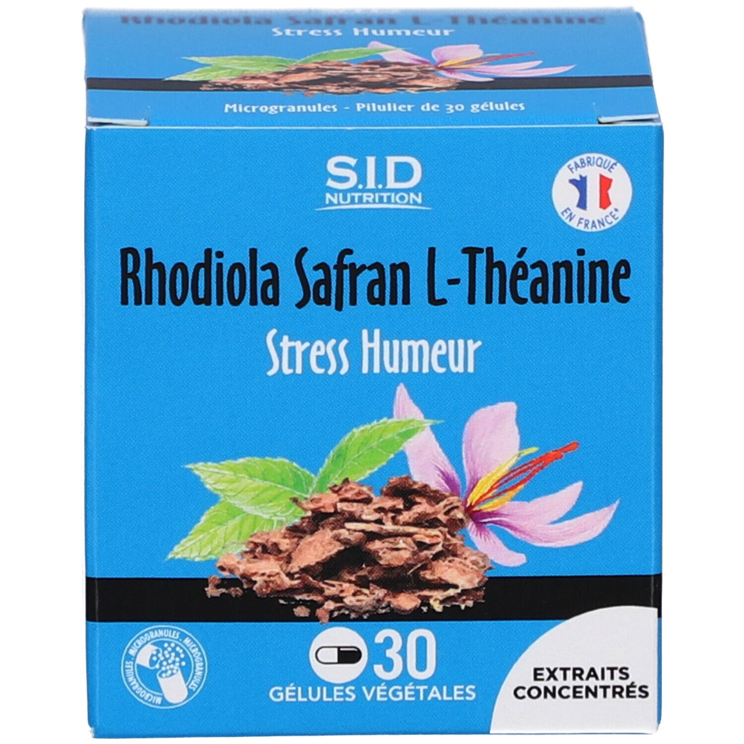 Blaue Schachtel mit SID Nutrition Rhodiola Safran L-Theanin. 30 Kapseln. Französische Flagge. Text: Extrait Concentrés.