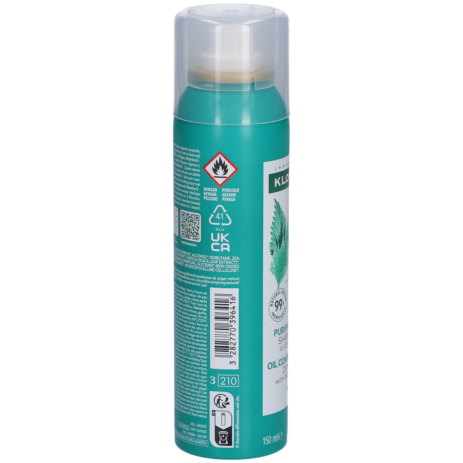 Rückseite der türkisfarbenen Sprühflasche mit Produktinformationen, Warnhinweisen und QR-Code. Transparenter Deckel.