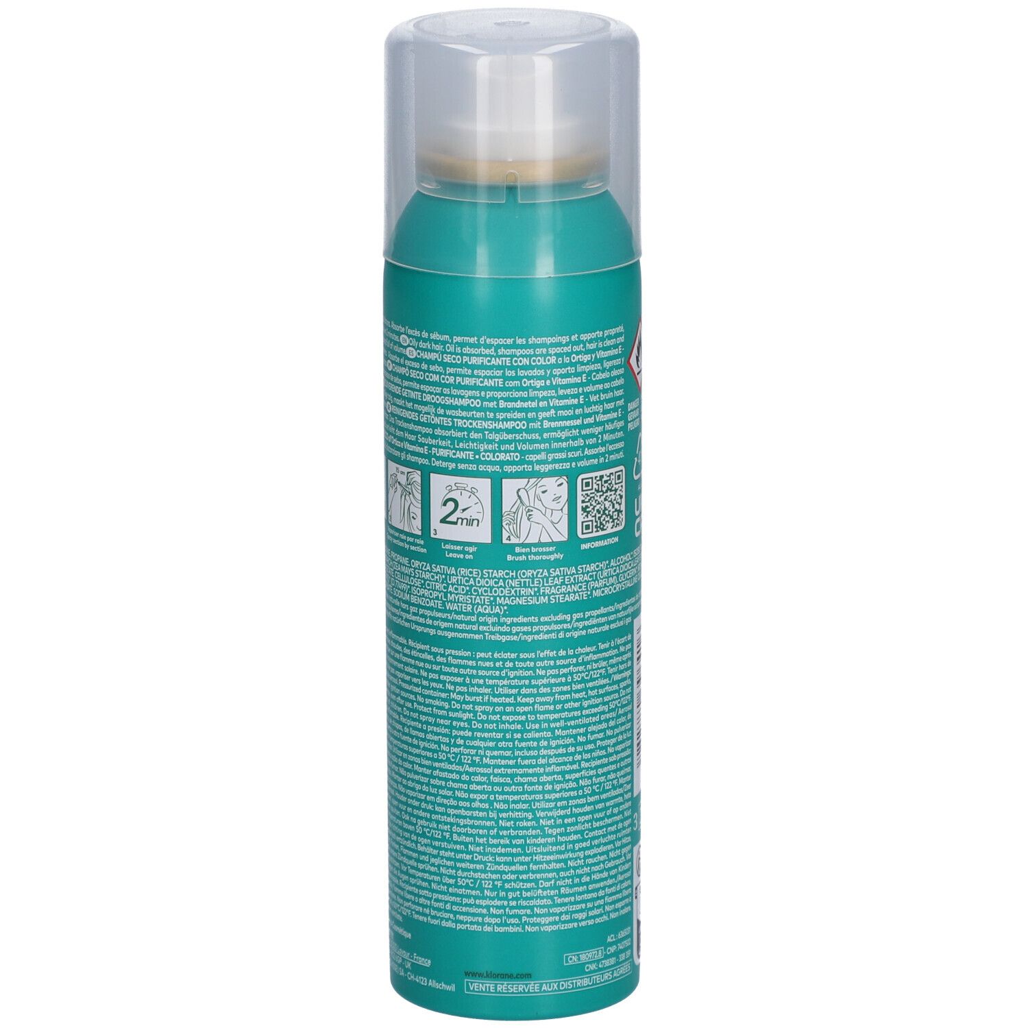Rückseite der türkisfarbenen Sprühflasche mit Produktinformationen, Warnhinweisen und Anwendungshinweisen. Transparenter Deckel.