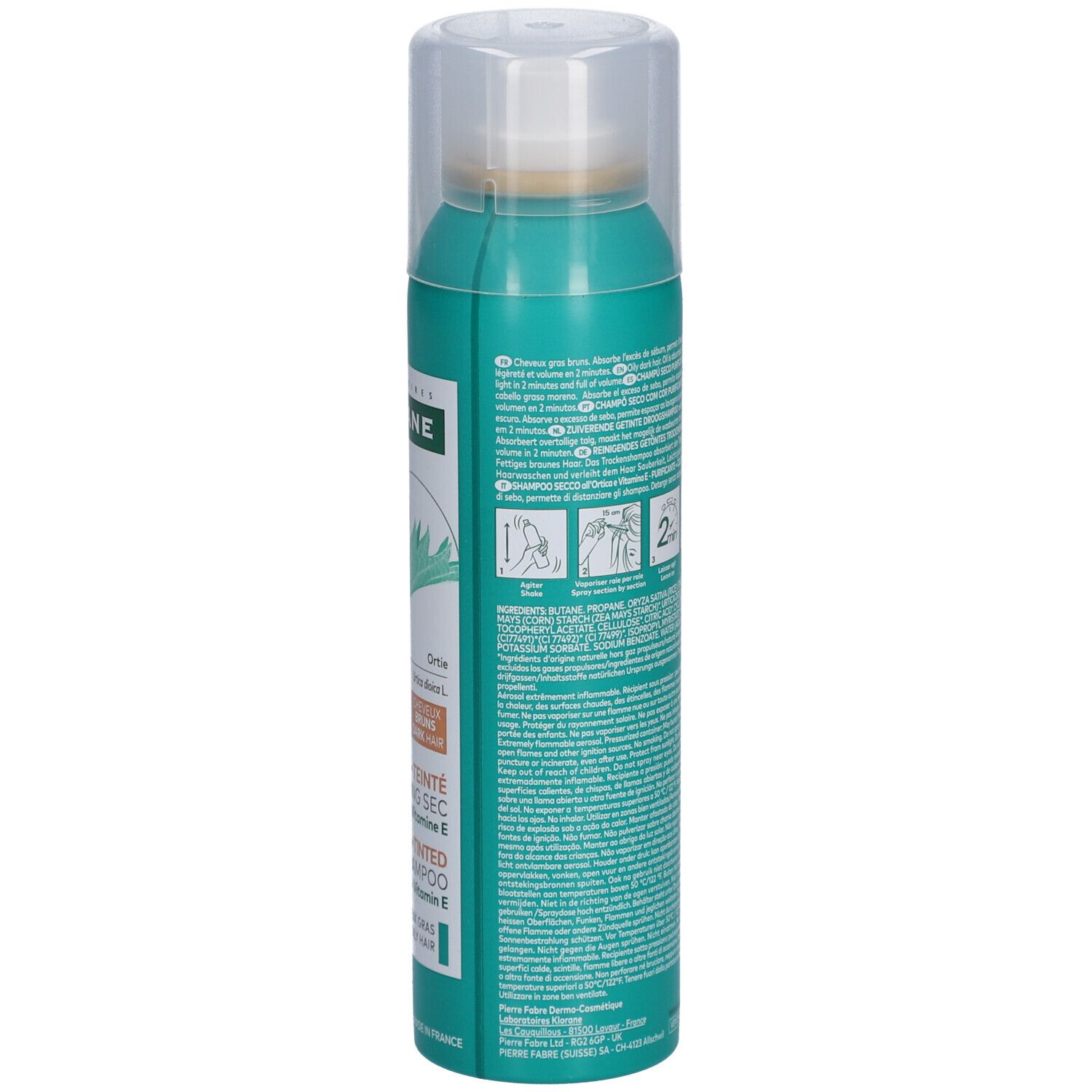Rückseite der türkisfarbenen Sprühflasche mit Produktinformationen, Warnhinweisen und Anwendungshinweisen. Transparenter Deckel.