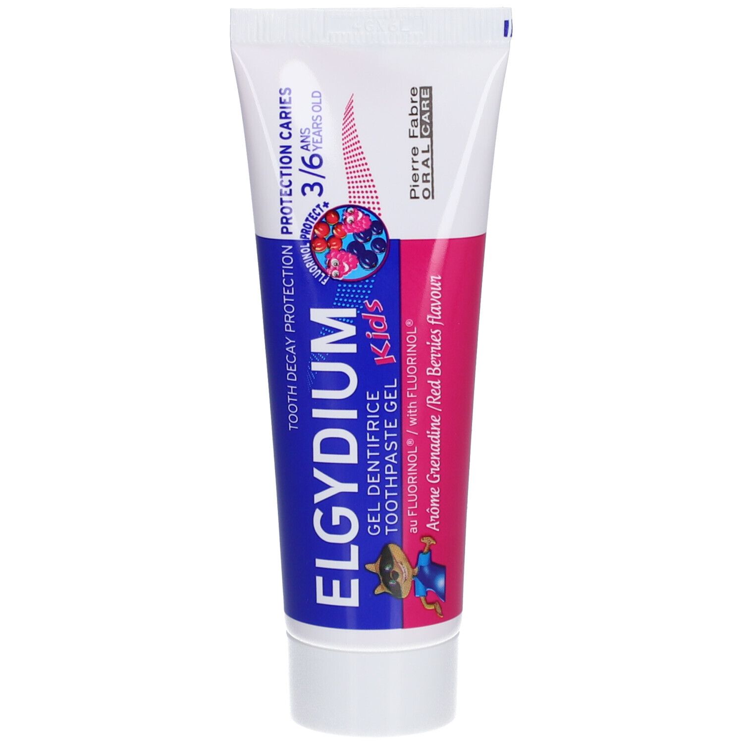 Zahnpasta-Tube, weiß-rosa. Aufschrift: ELGYDIUM Kids, 3/6 Jahre, Schutz vor Karies. Mit Fluorinol, Arôme Grenadine.