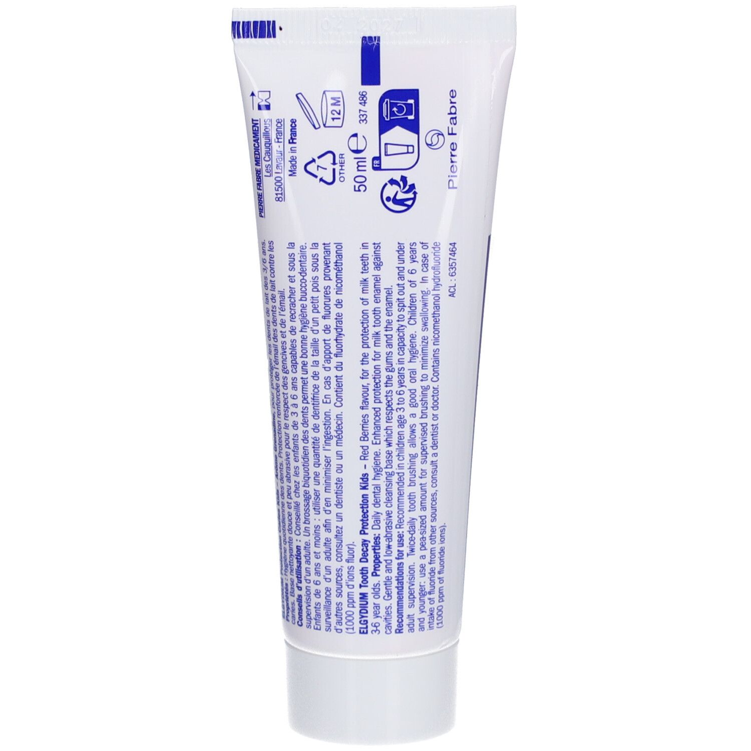 Rückseite der Zahnpasta-Tube. Text und Symbole. Hersteller: Pierre Fabre. Inhalt: 50 ml. Hergestellt in Frankreich.