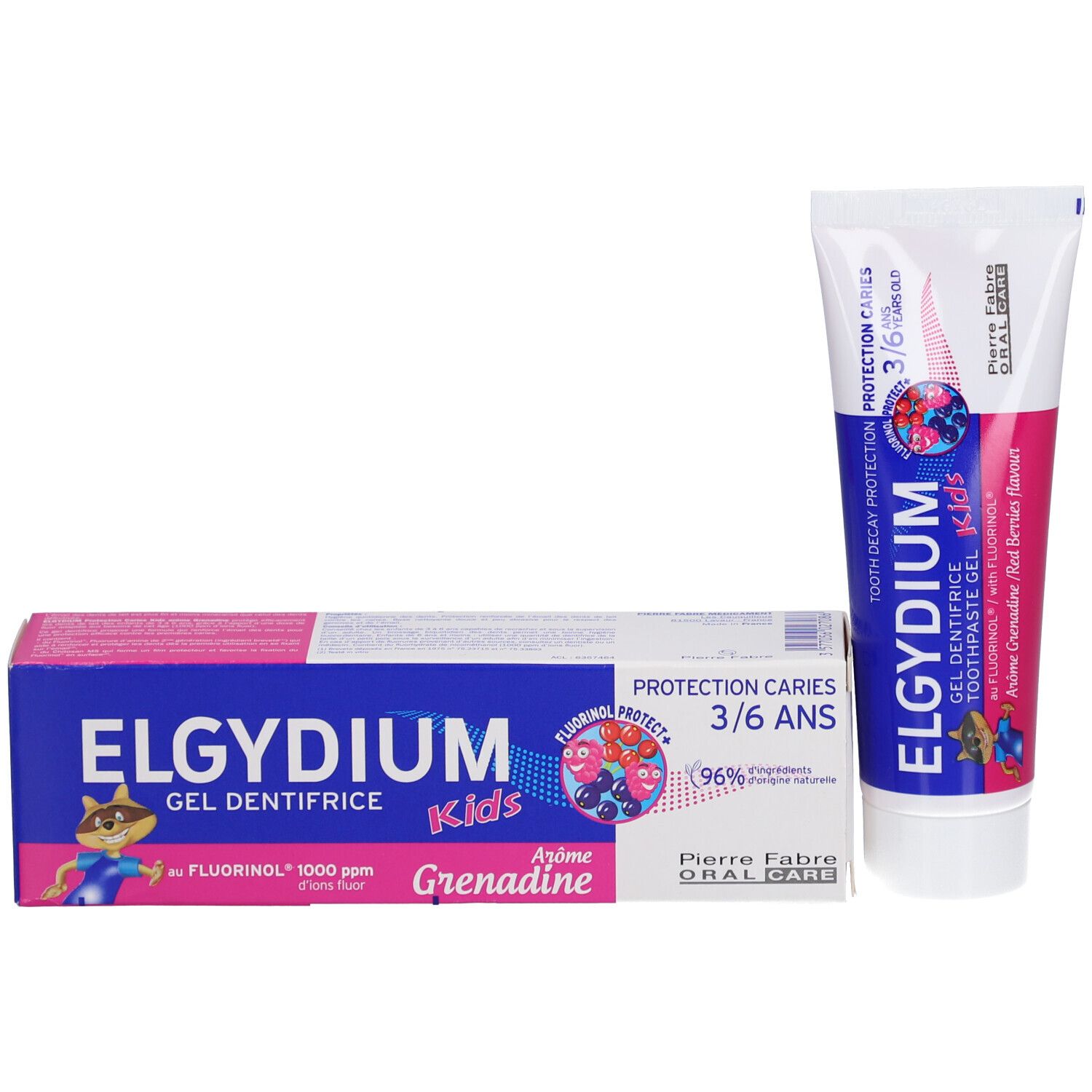 Zahnpasta-Tube und Schachtel. Aufschrift: ELGYDIUM Kids, 3/6 Jahre, Schutz vor Karies. Mit Fluorinol, Arôme Grenadine.