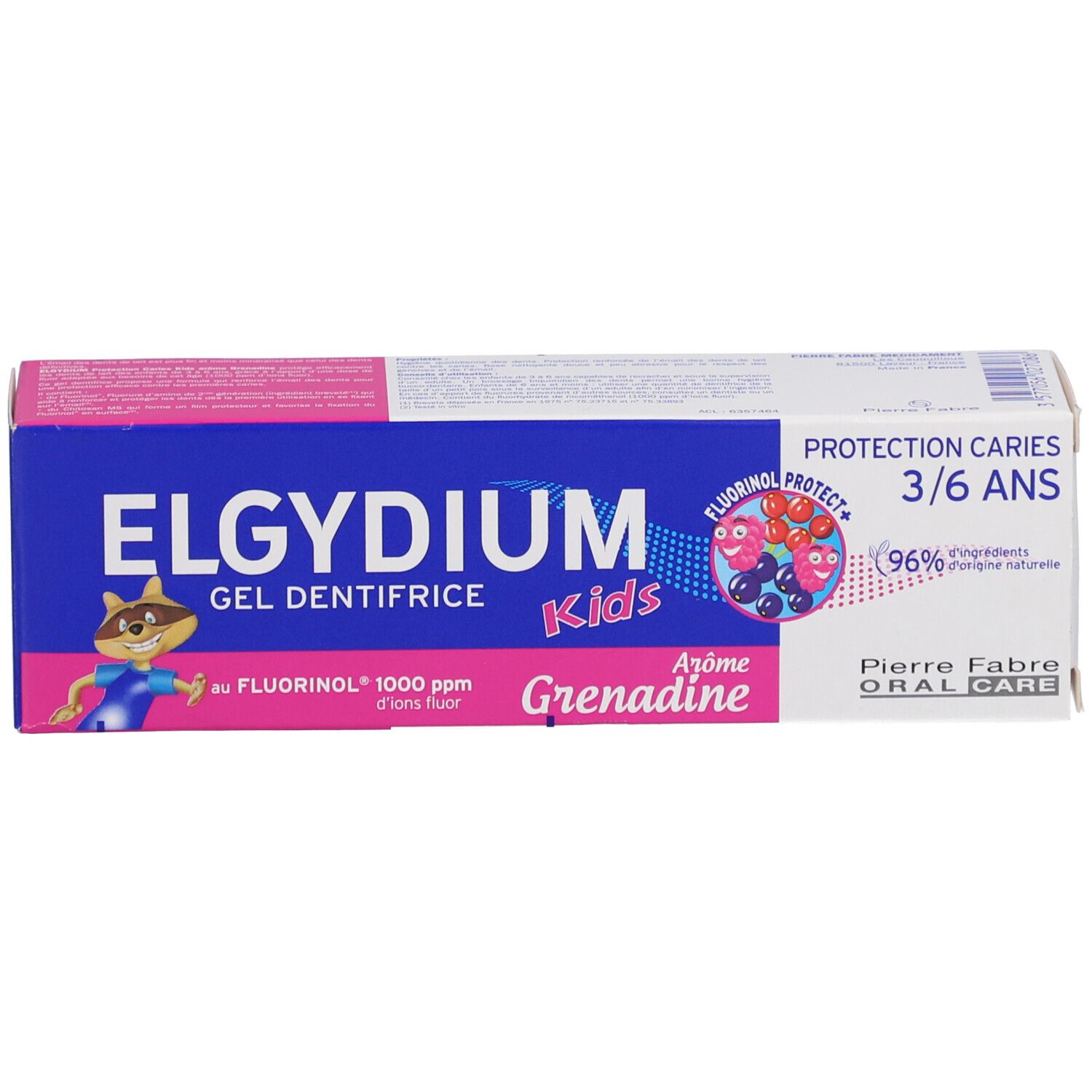 Schachtel. Aufschrift: ELGYDIUM Kids, 3/6 Jahre, Schutz vor Karies. Mit Fluorinol, Arôme Grenadine. 96% Inhaltsstoffe natürlichen Ursprungs.