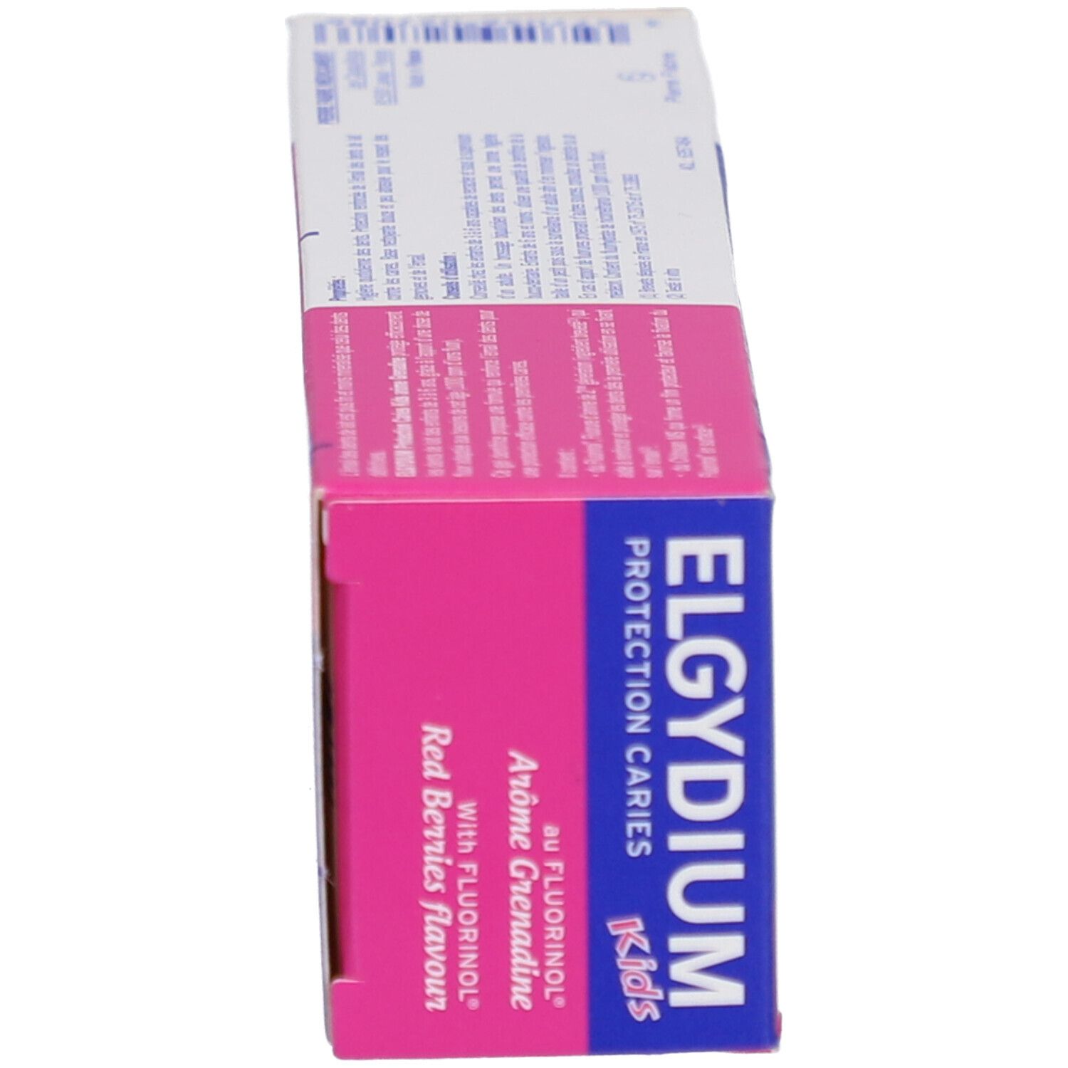 Schachtel, Seitenansicht. Aufschrift: ELGYDIUM Kids, Schutz vor Karies. Mit Fluorinol, Arôme Grenadine.