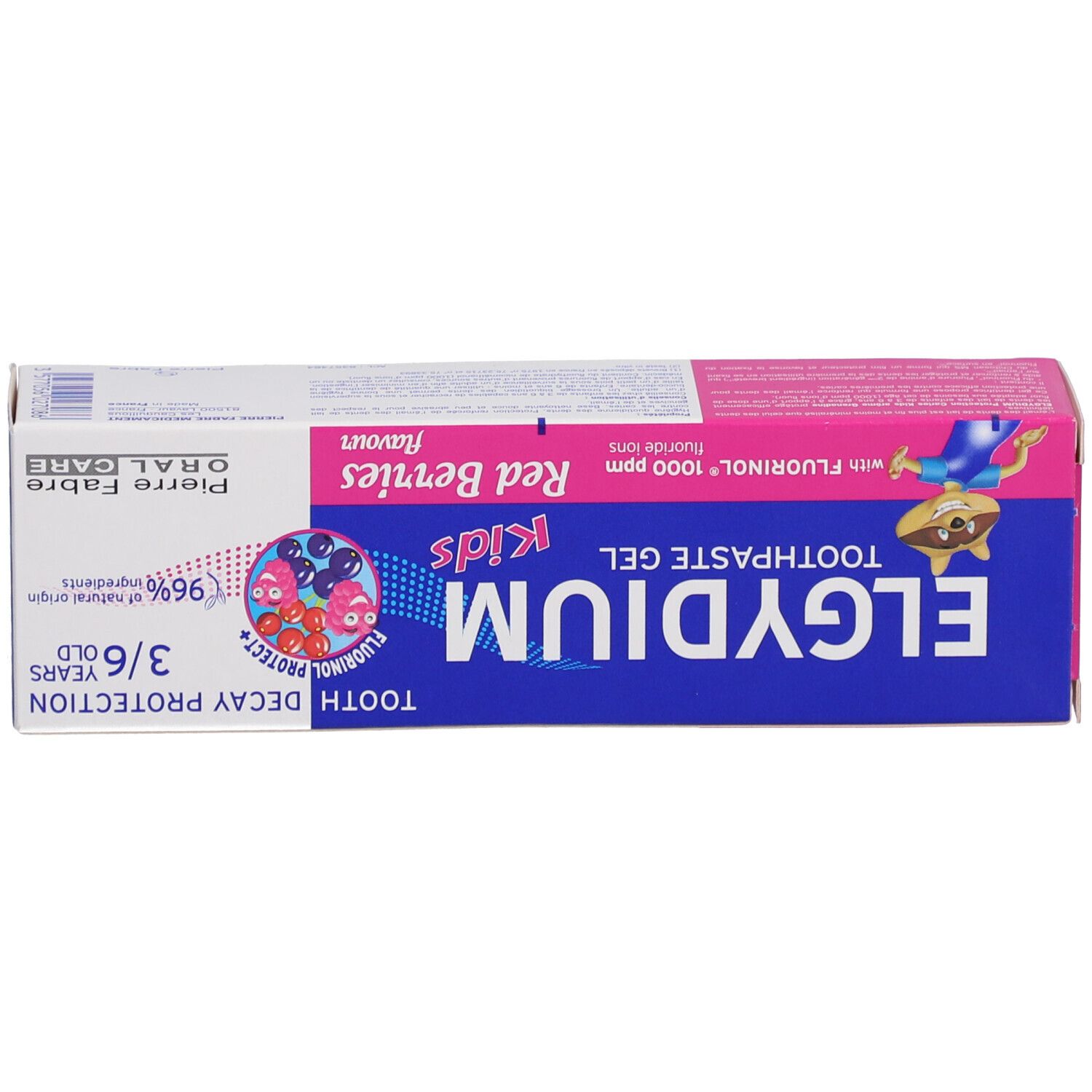 Schachtel. Aufschrift: ELGYDIUM Kids, 3/6 Jahre, Schutz vor Karies. Mit Fluorinol, Red Berries flavour.